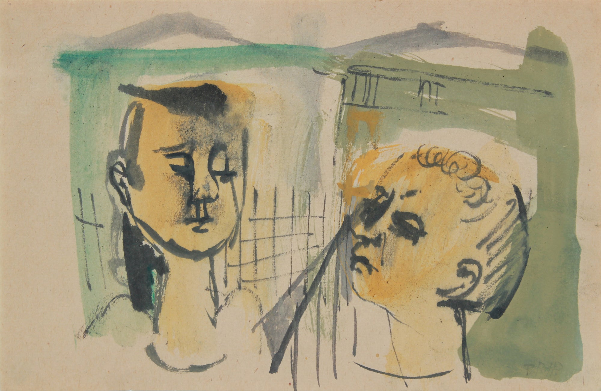 Stylized Figure Pair <br>1940-60s Gouache & Ink <br><br>#B0769