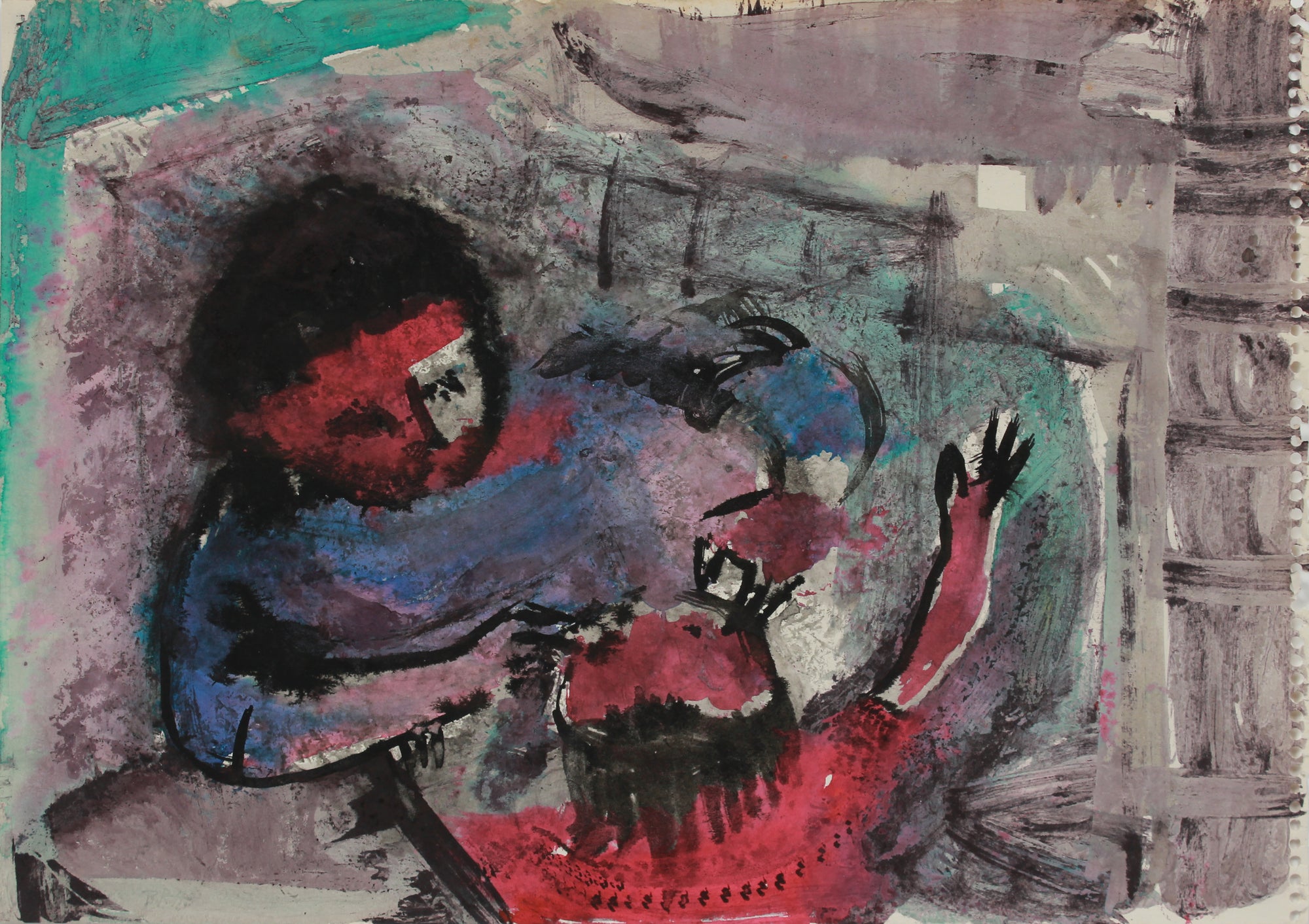 Abstracted Pair of Figures <br>1940-60s Gouache & Ink <br><br>#B0774