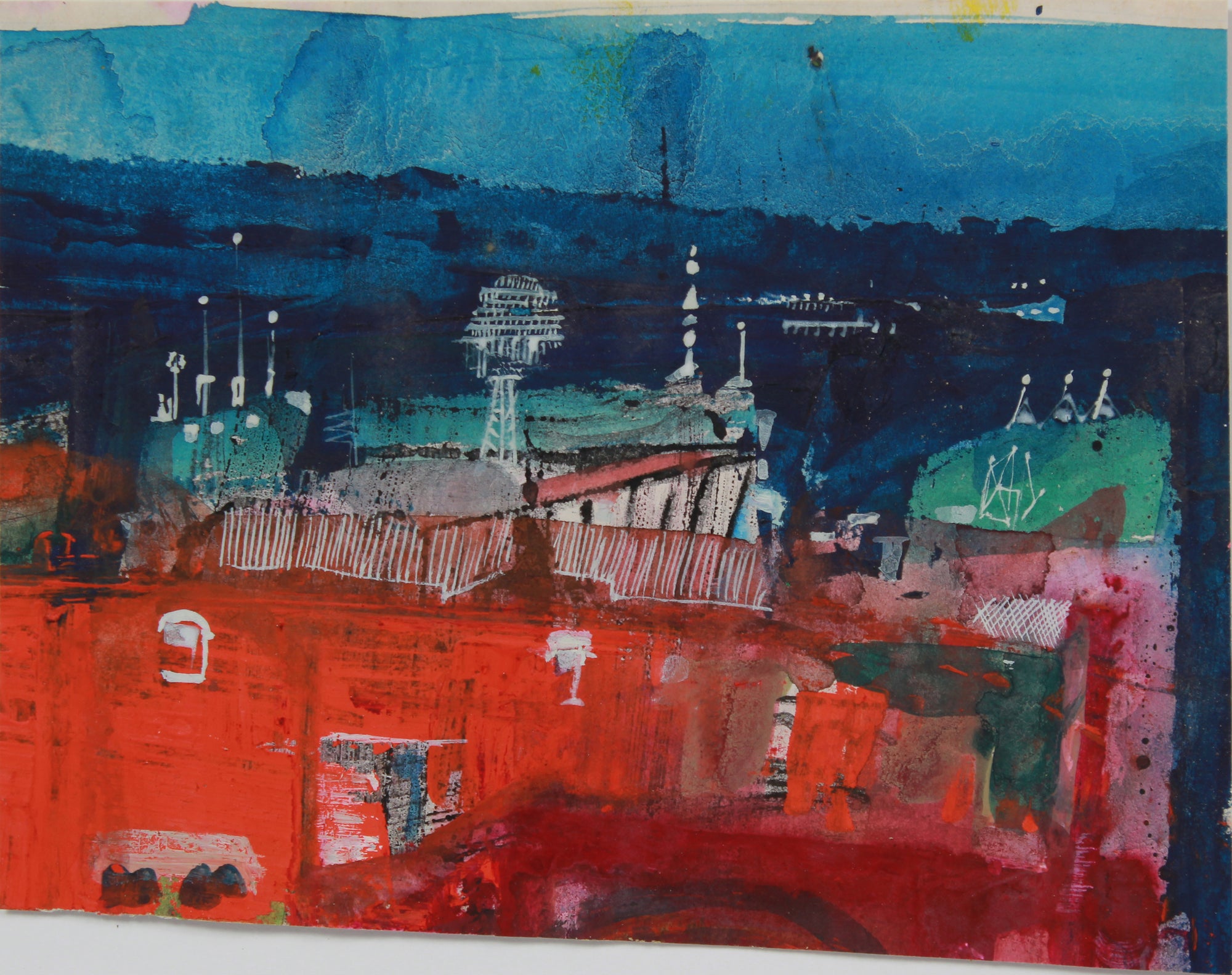 Vivid Landscape in Red & Blue <br>940-60s Mixed Media <br><br>#B0777