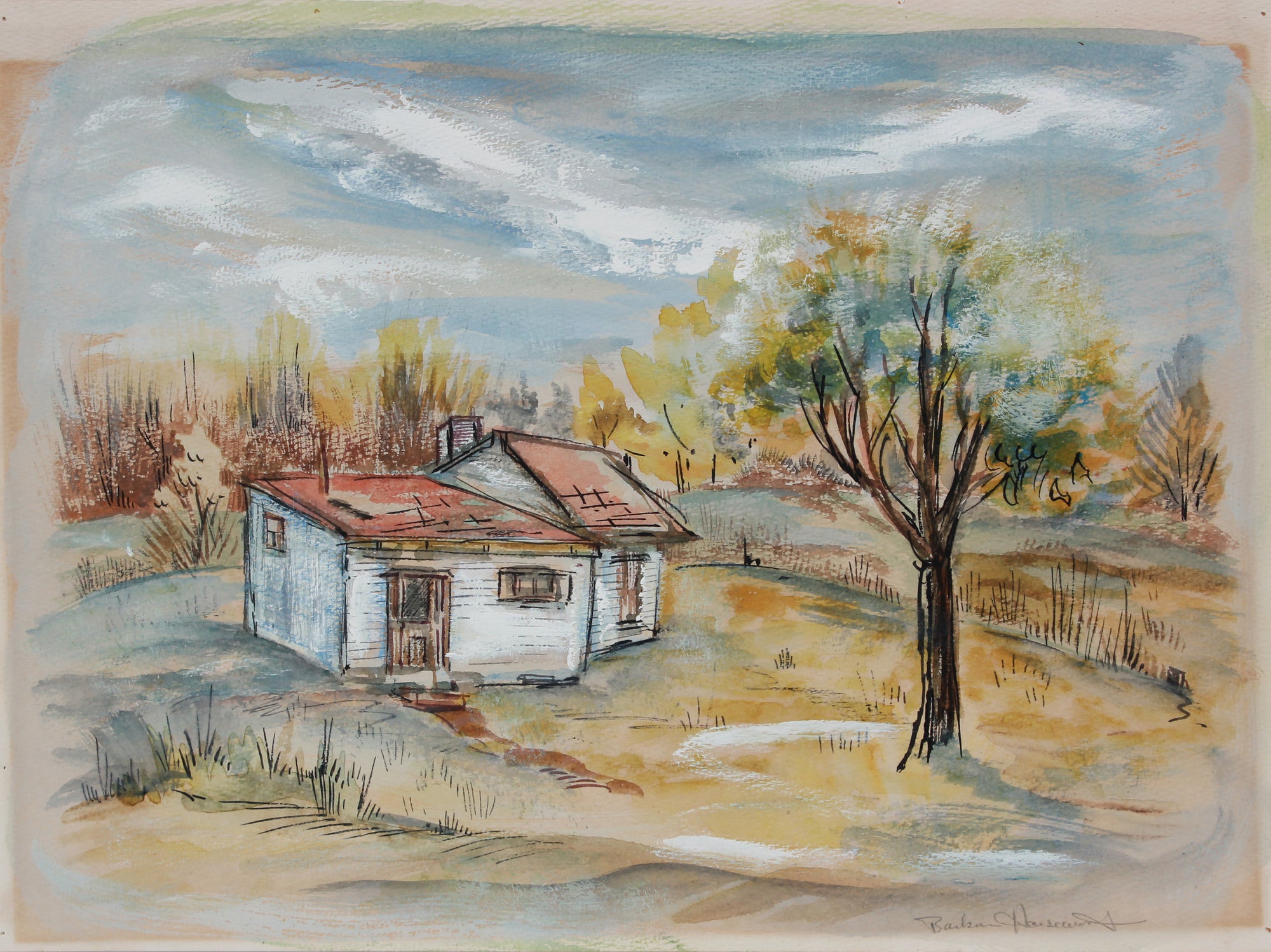 Landscape with House & Tree <br>1940-50s Ink, Watercolor & Acrylic <br><br>#B0785