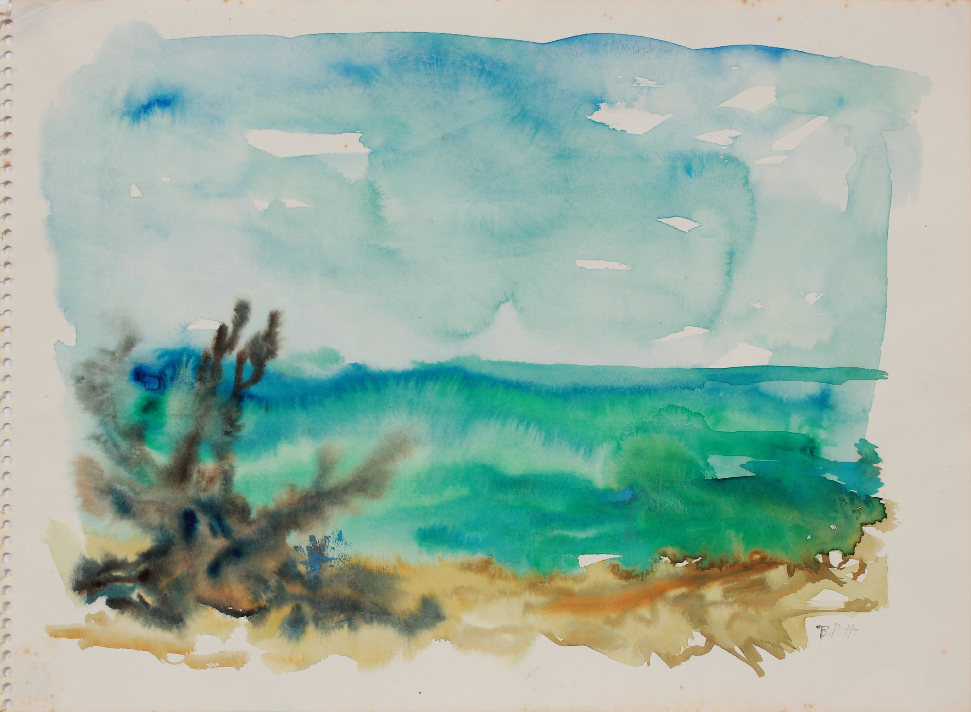 Serene Abstracted Beach Scene <br>1940-50s Watercolor <br><br>#B0786