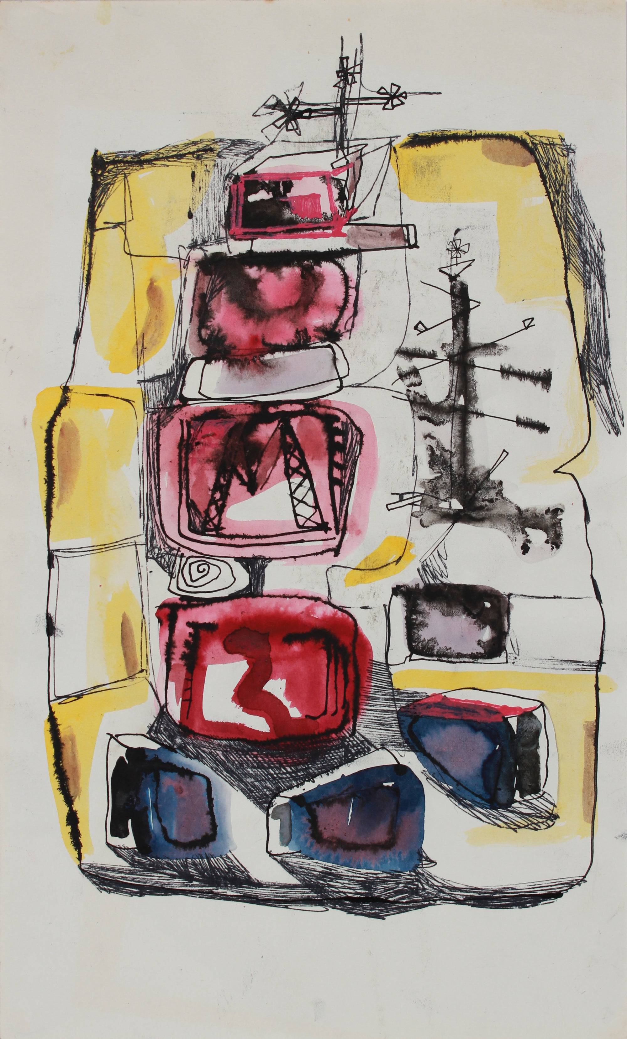TV Stack <br>1950-60s Watercolor & Ink <br><br>#B0792