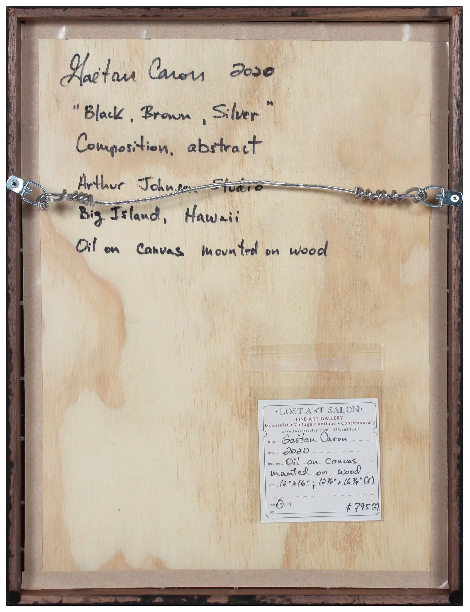 <i>Black, Brown, Silver, Composition Abstract </i> <br>2020 Oil on Canvas Mounted to Board <br><br>#B2053