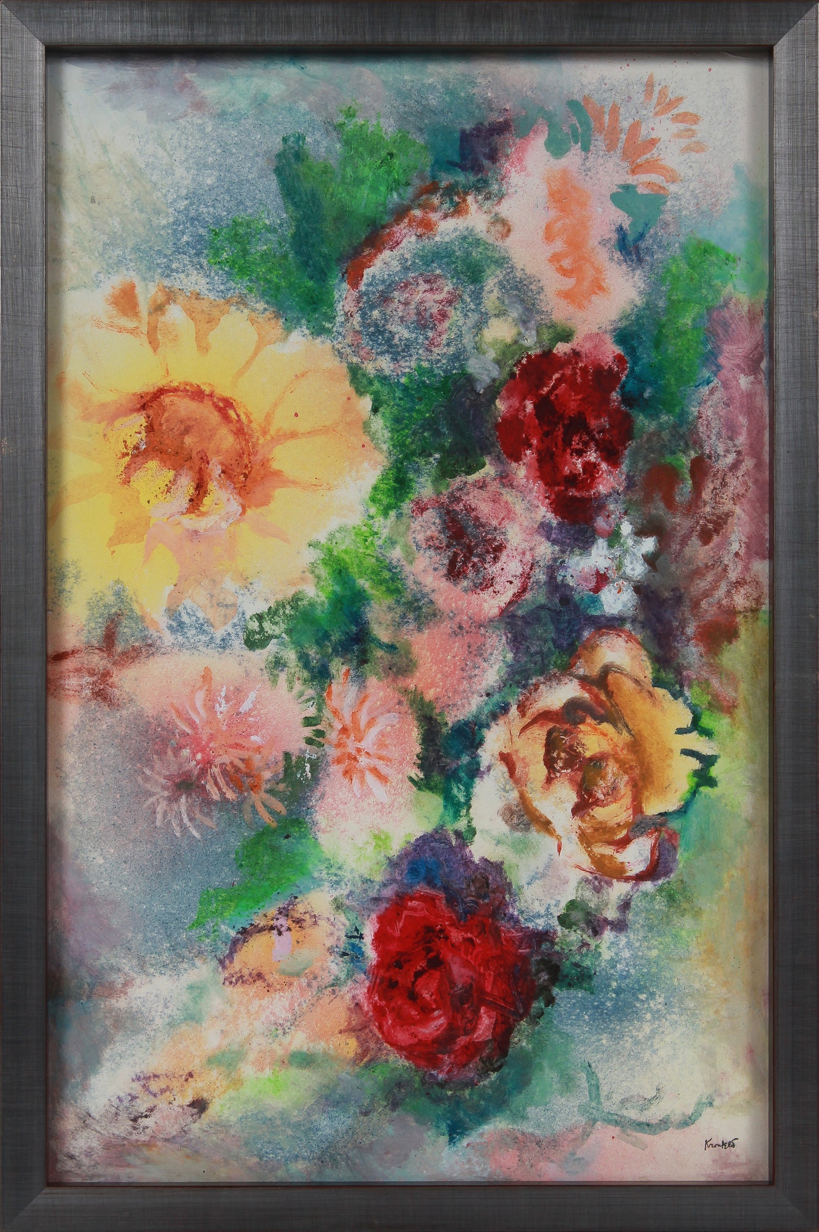 Vivid Floral Still Like <br>1960-70s Oil & Sand Mixed Media <br><br>#B2679