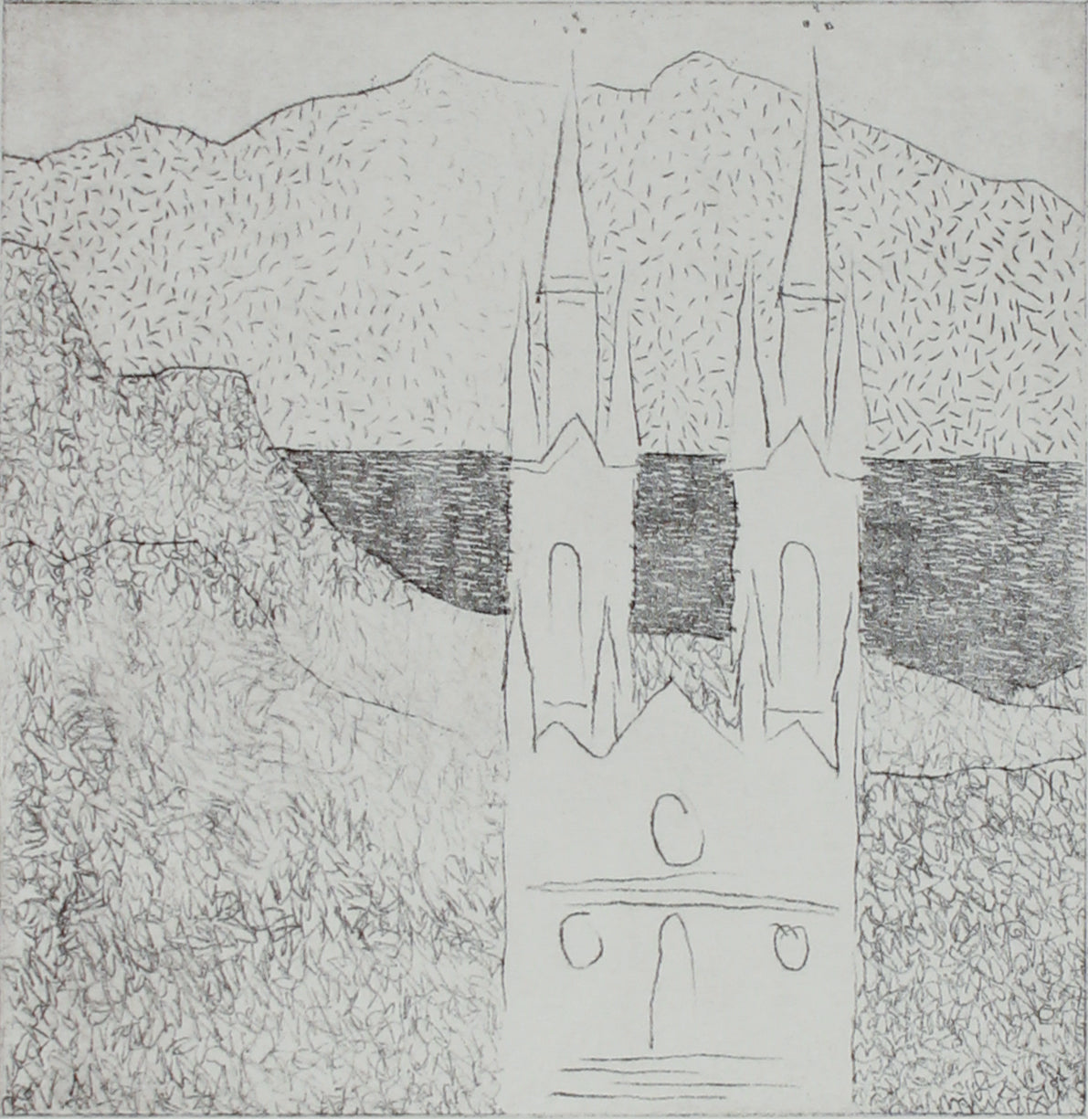 Minimalist View of St. Ignacios, San Francisco <br>20th Century Etching <br><br>#B2734