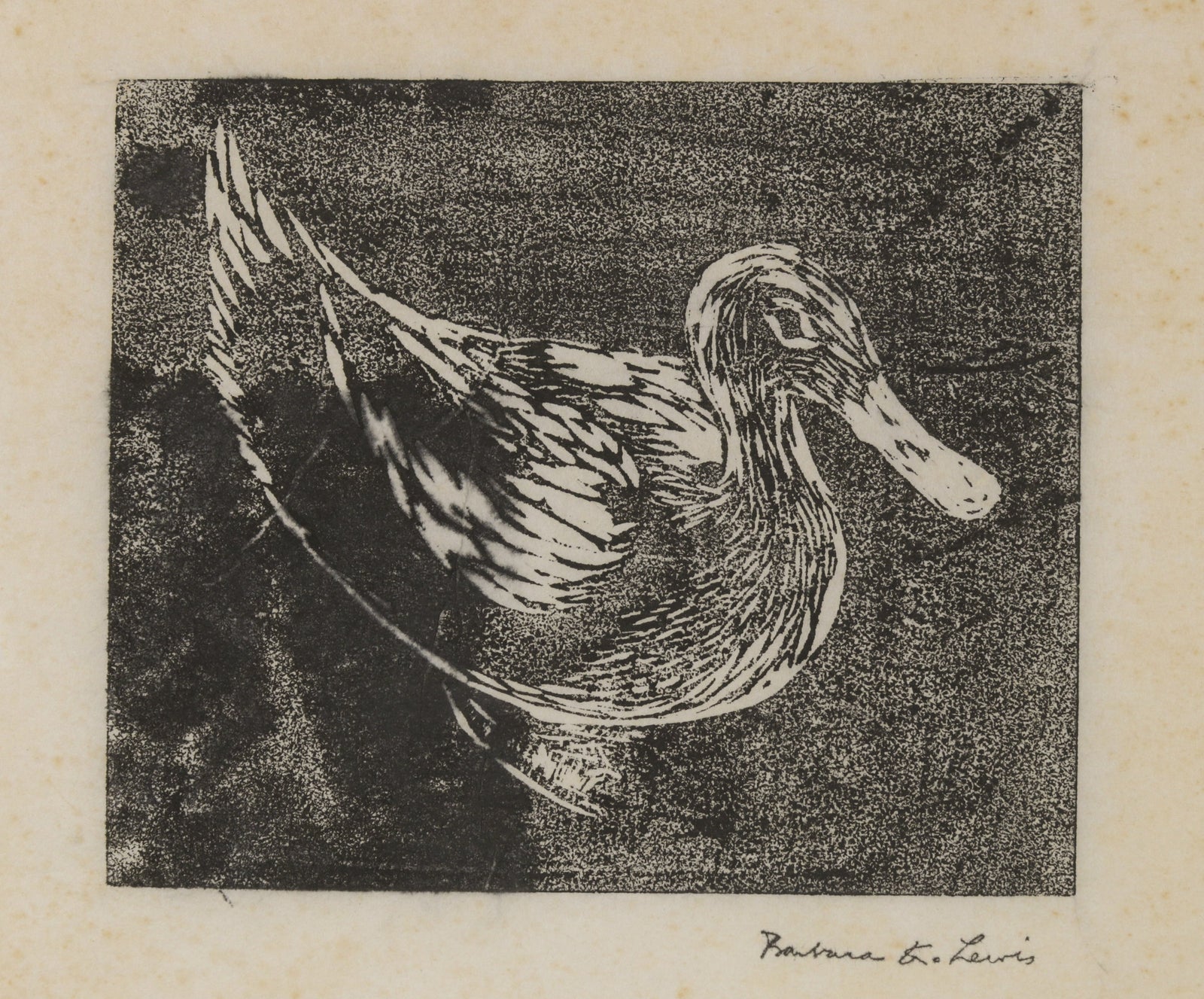 Monochromatic Duck <br>1940s Linoleum Block Print <br><br>#B5529