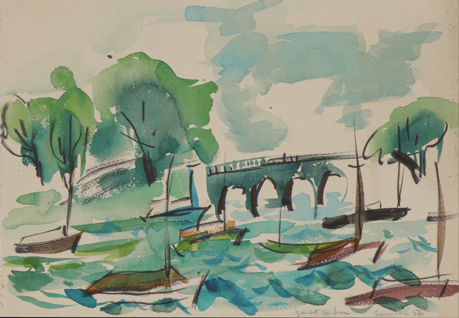 <i>Yacht Harbor Sunrise</i> <br>1956 Watercolor <br><br>#B5609