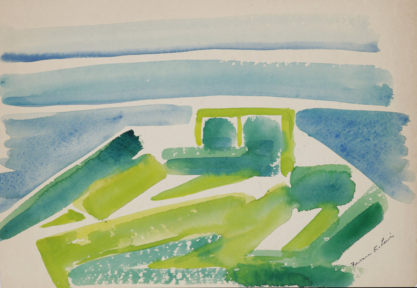 Blue & Green Geometric Abstract <br>1940-60s Watercolor <br><br>#B5851