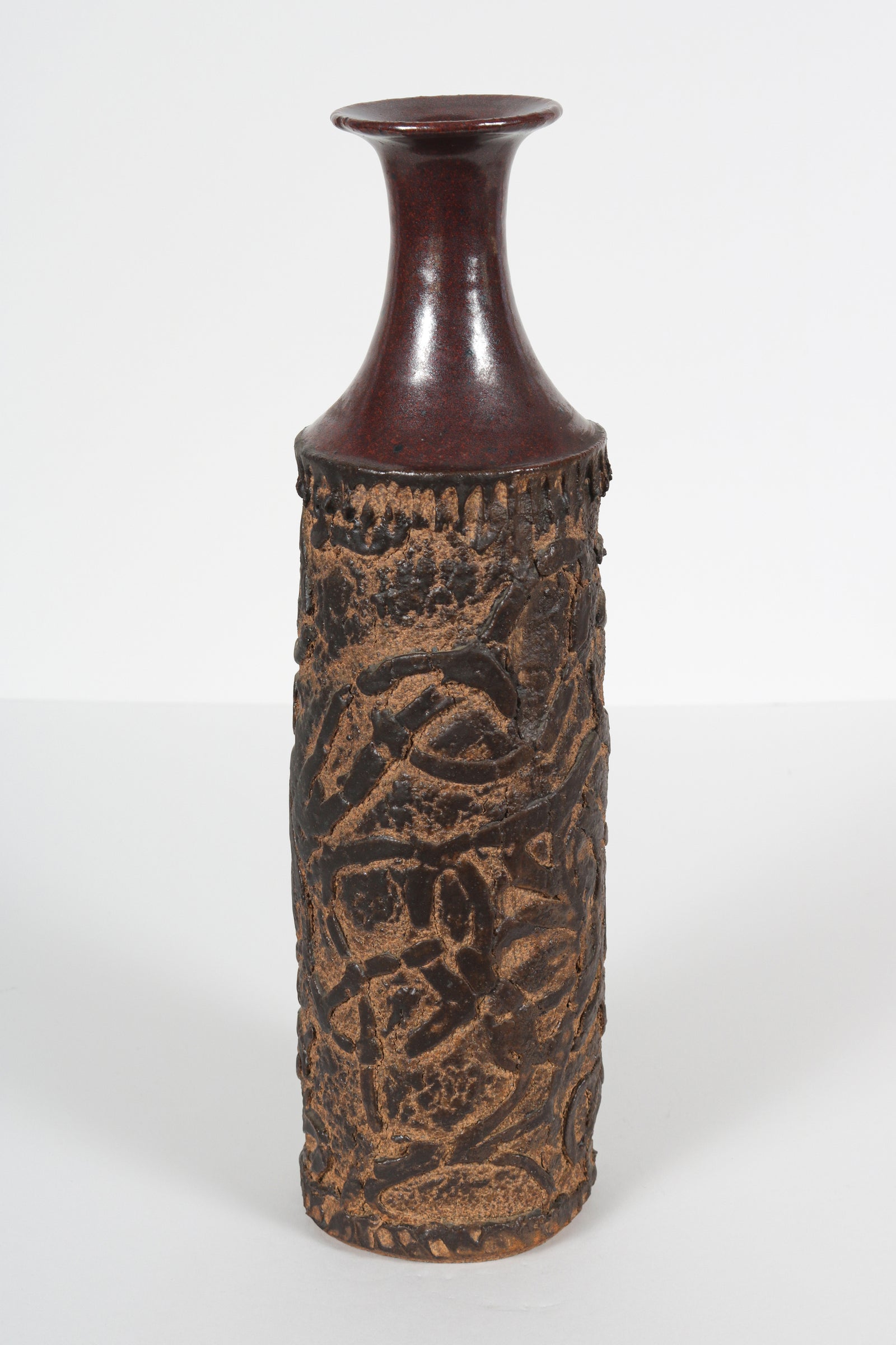 Tall Vessel with Organic Sculpted Pattern <br>1977 Handmade Ceramic <br><br>#B5979