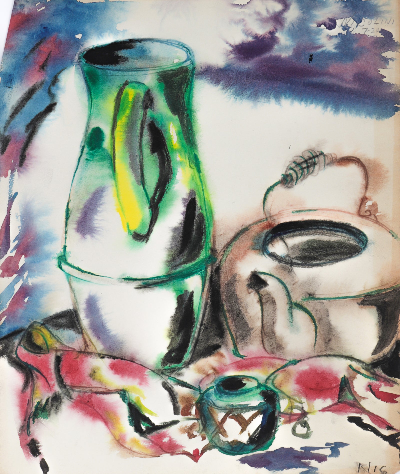 Still Life Study with Pitcher & Teapot <br>Late 1950s Watercolor <br><br>#C1645