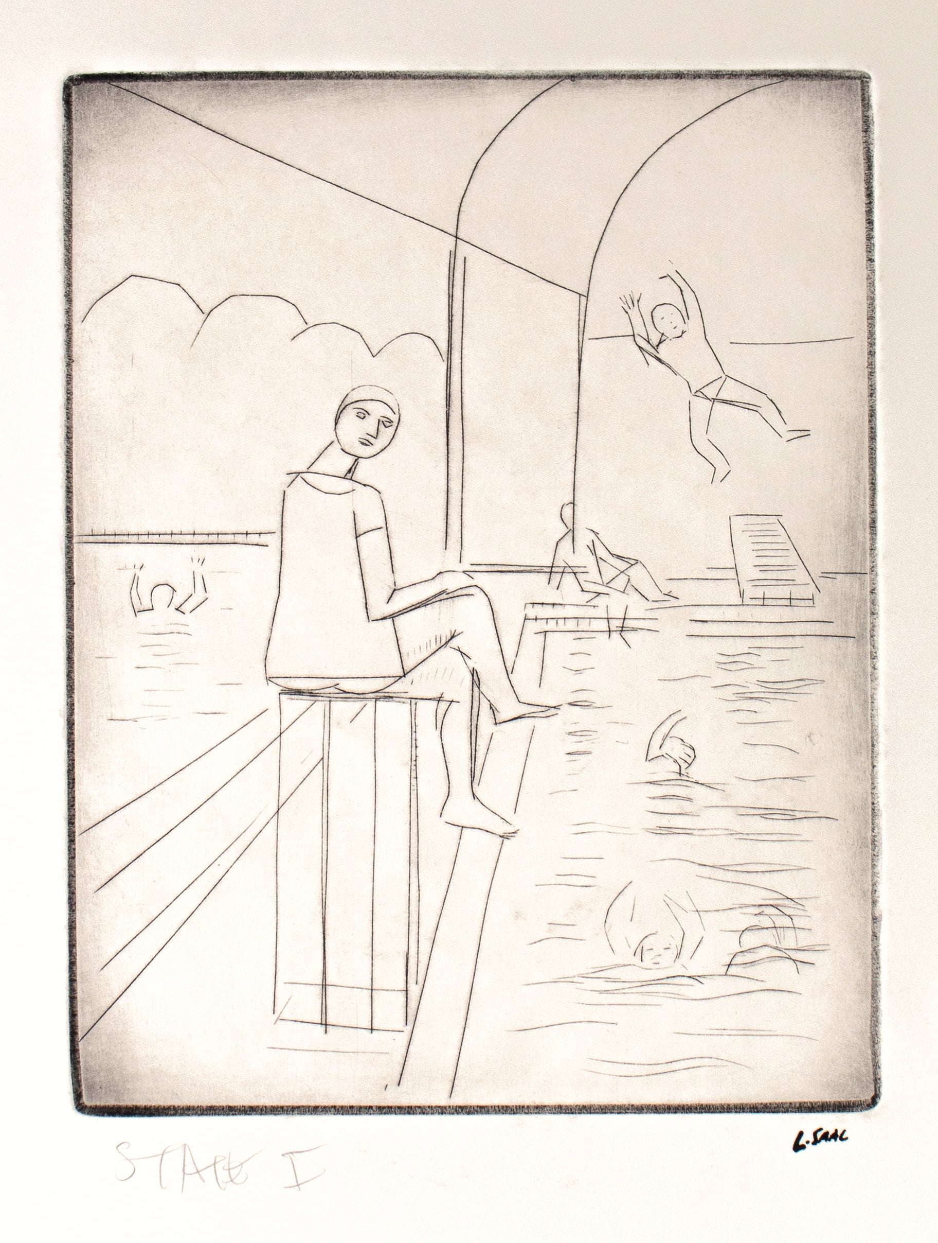 Pool Scene with Lifeguard <br>1992 Etching <br><br>#C1794