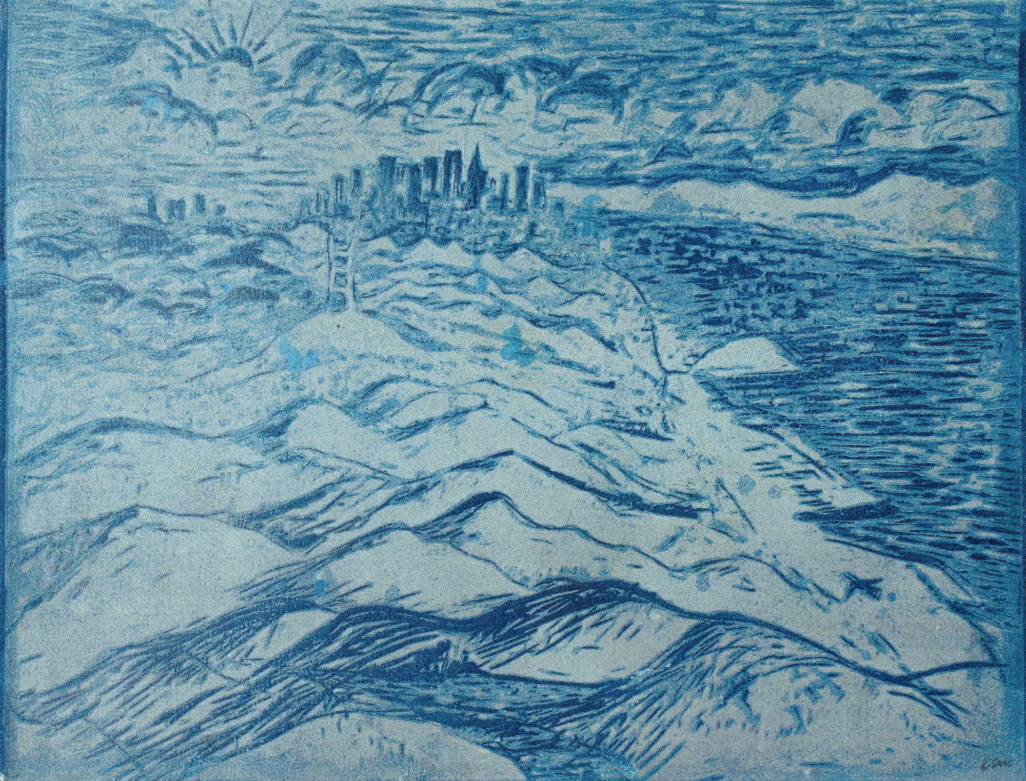 Blue Hills Abstraction <br>1972 Linocut <br><br>#C1810