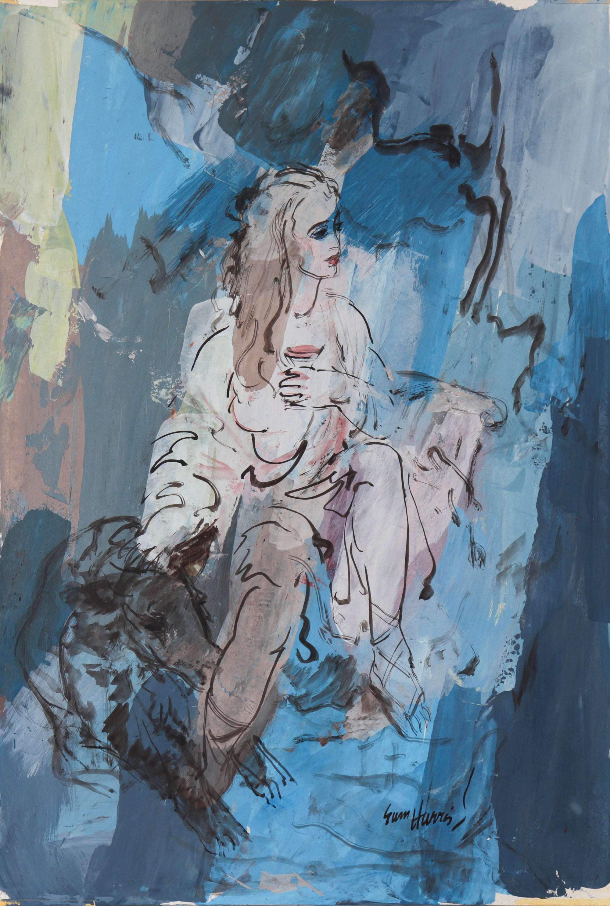 Seated Woman in Blues <br>20th Century Gouache<br><br>#C2640