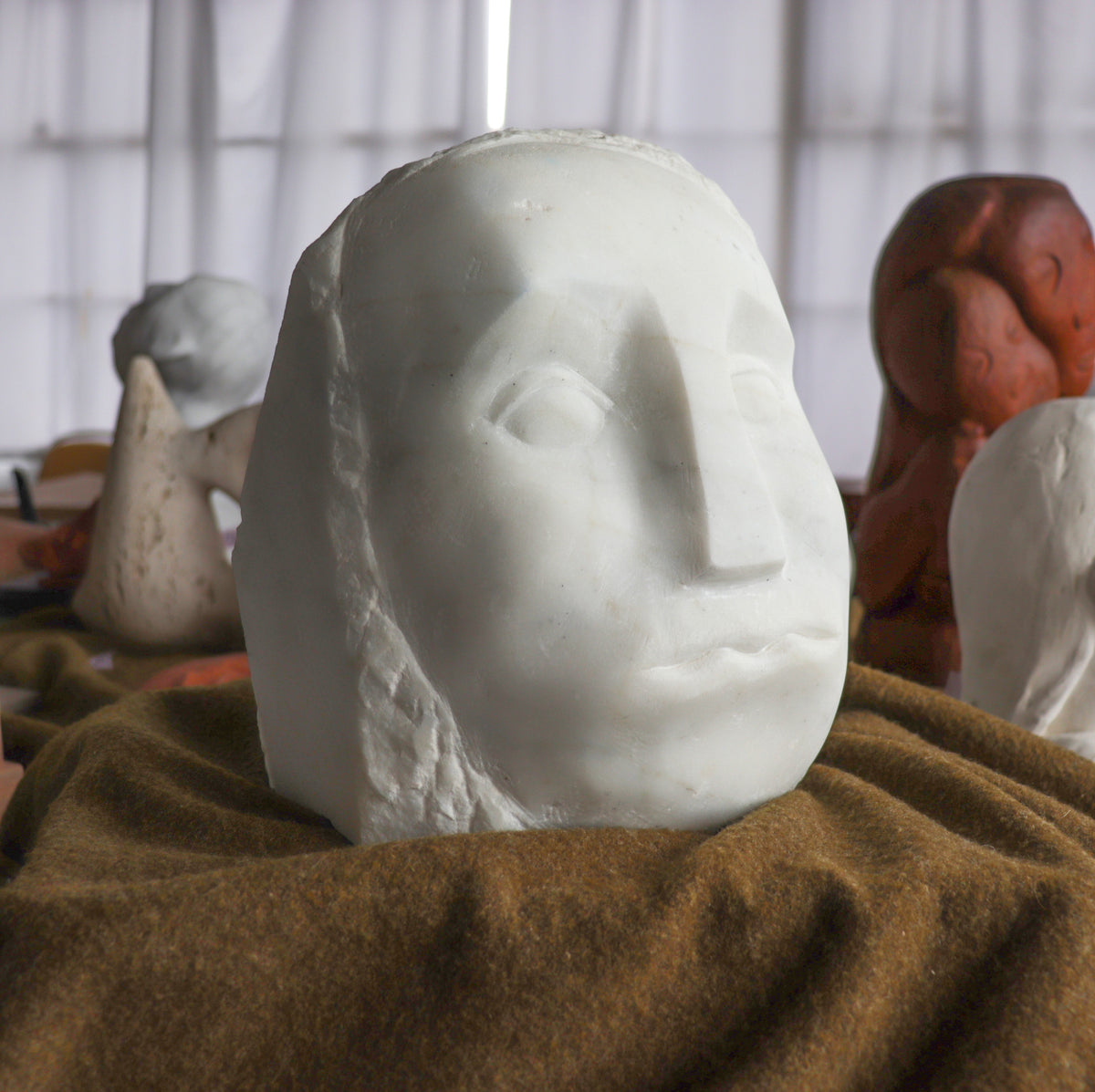 Angular Carved Face&lt;br&gt;20th Century Carrara Marble Sculpture&lt;br&gt;&lt;br&gt;#C2872