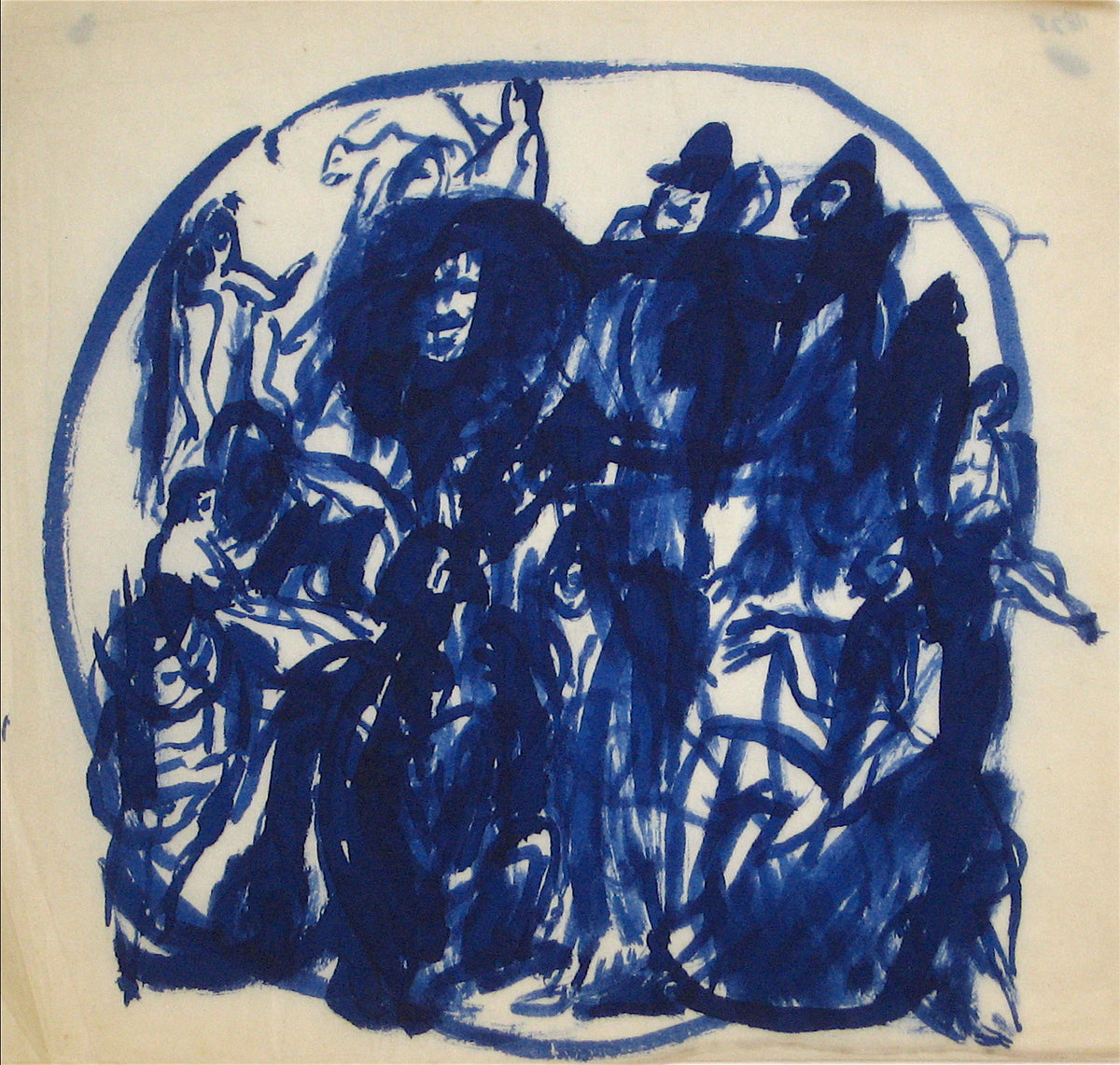 Blue Figures in a Circle&lt;br&gt;Early-Mid 20th Century Ink Wash&lt;br&gt;&lt;br&gt;#11828