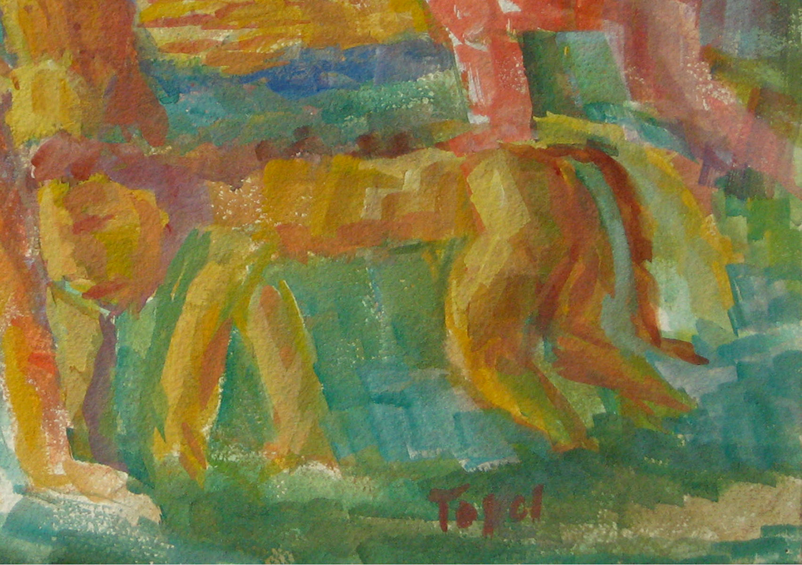 Colorful Expressionist Dancing Figures with Lion <br>Early-Mid 20th Century Watercolor <br><br>#13230