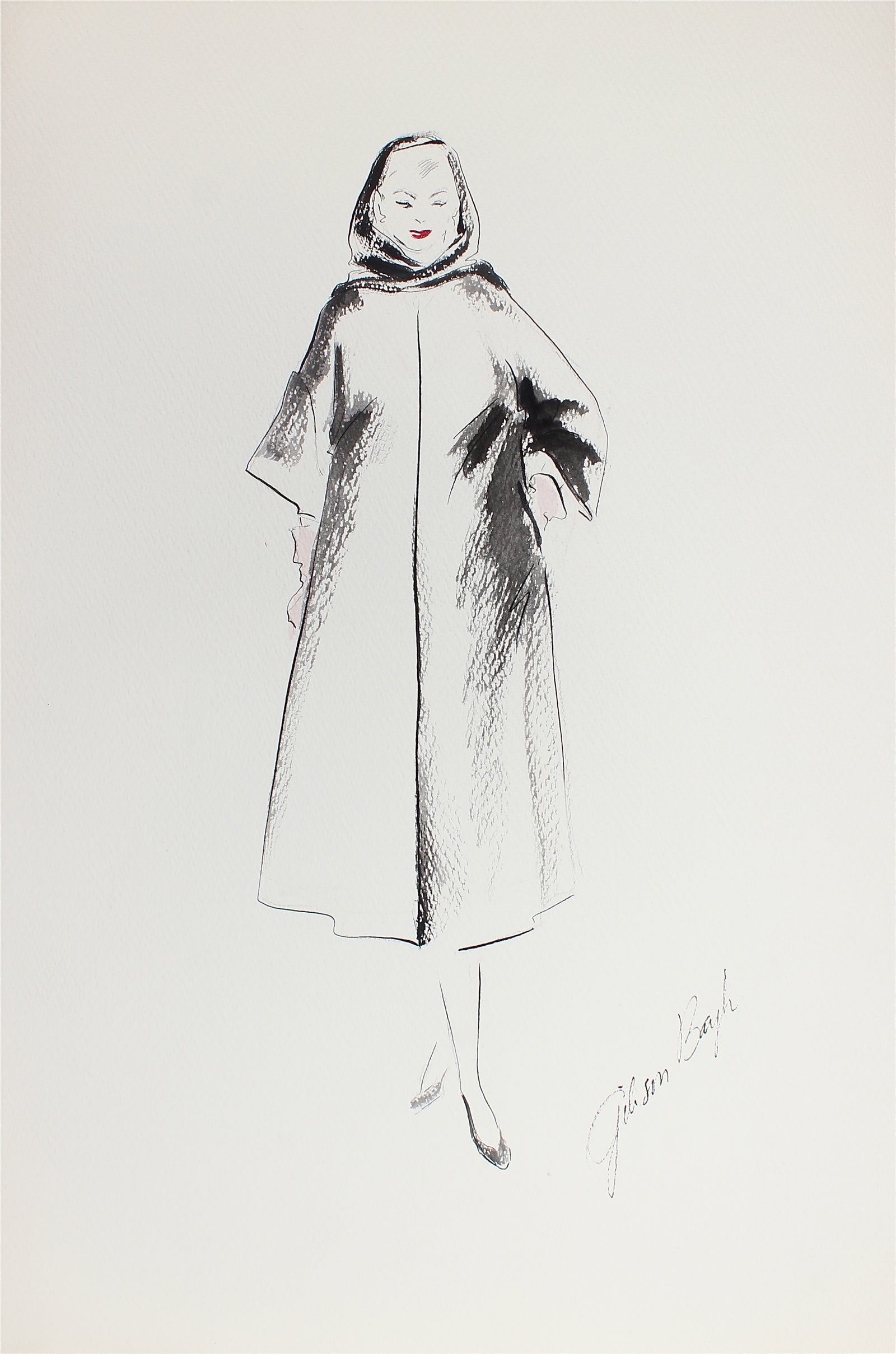 Black Hooded Coat<br> Gouache & Ink Fashion Illustration<br><br>#26249