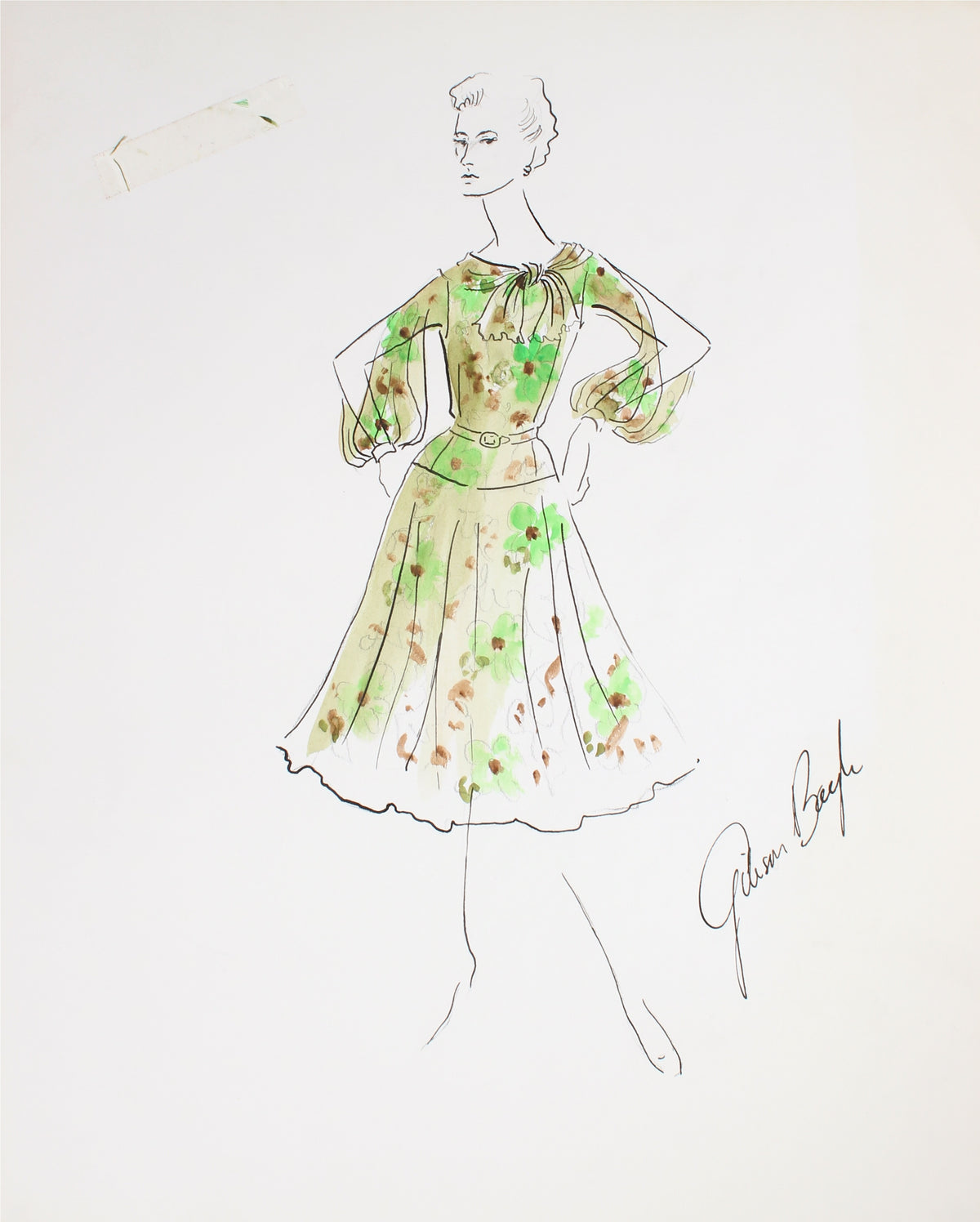 Floral Spring Dress with Slit Sleeves&lt;br&gt; Gouache &amp; Ink Fashion Illustration&lt;br&gt;&lt;br&gt;#26252
