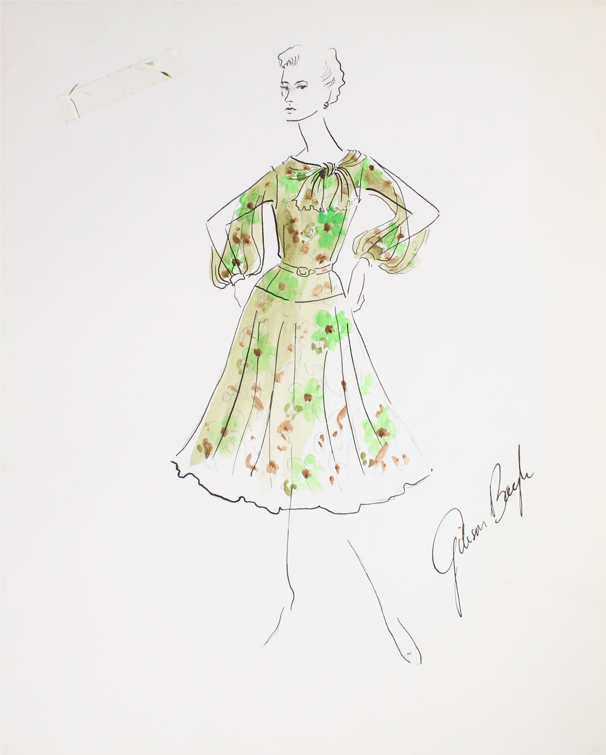 Floral Spring Dress with Slit Sleeves<br> Gouache & Ink Fashion Illustration<br><br>#26252