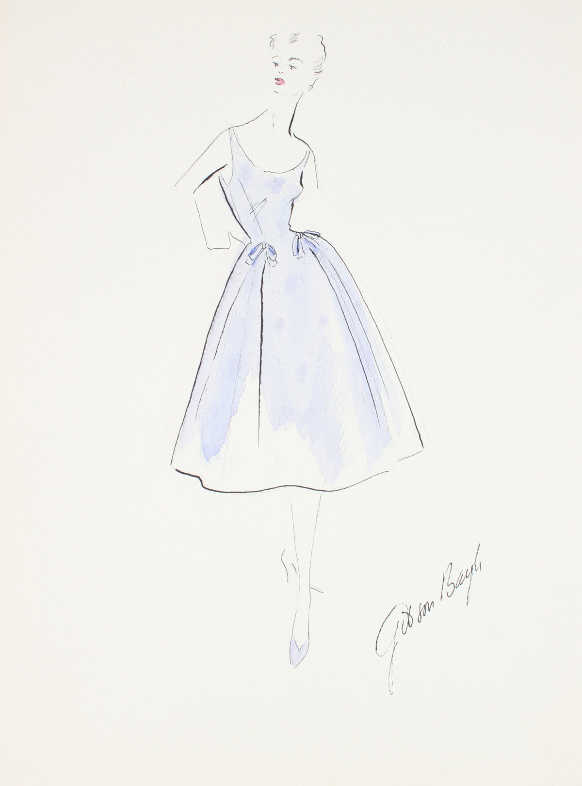 Paneled Bell-Shaped Dress in Lilac&lt;br&gt; Gouache &amp; Ink Fashion Illustration&lt;br&gt;&lt;br&gt;#26520