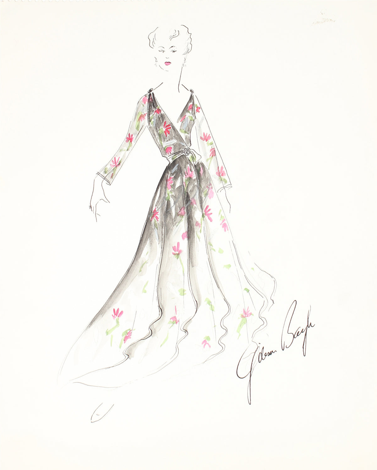 Floral Wrap Dress&lt;br&gt; Gouache &amp; Ink Fashion Illustration&lt;br&gt;&lt;br&gt;#26599