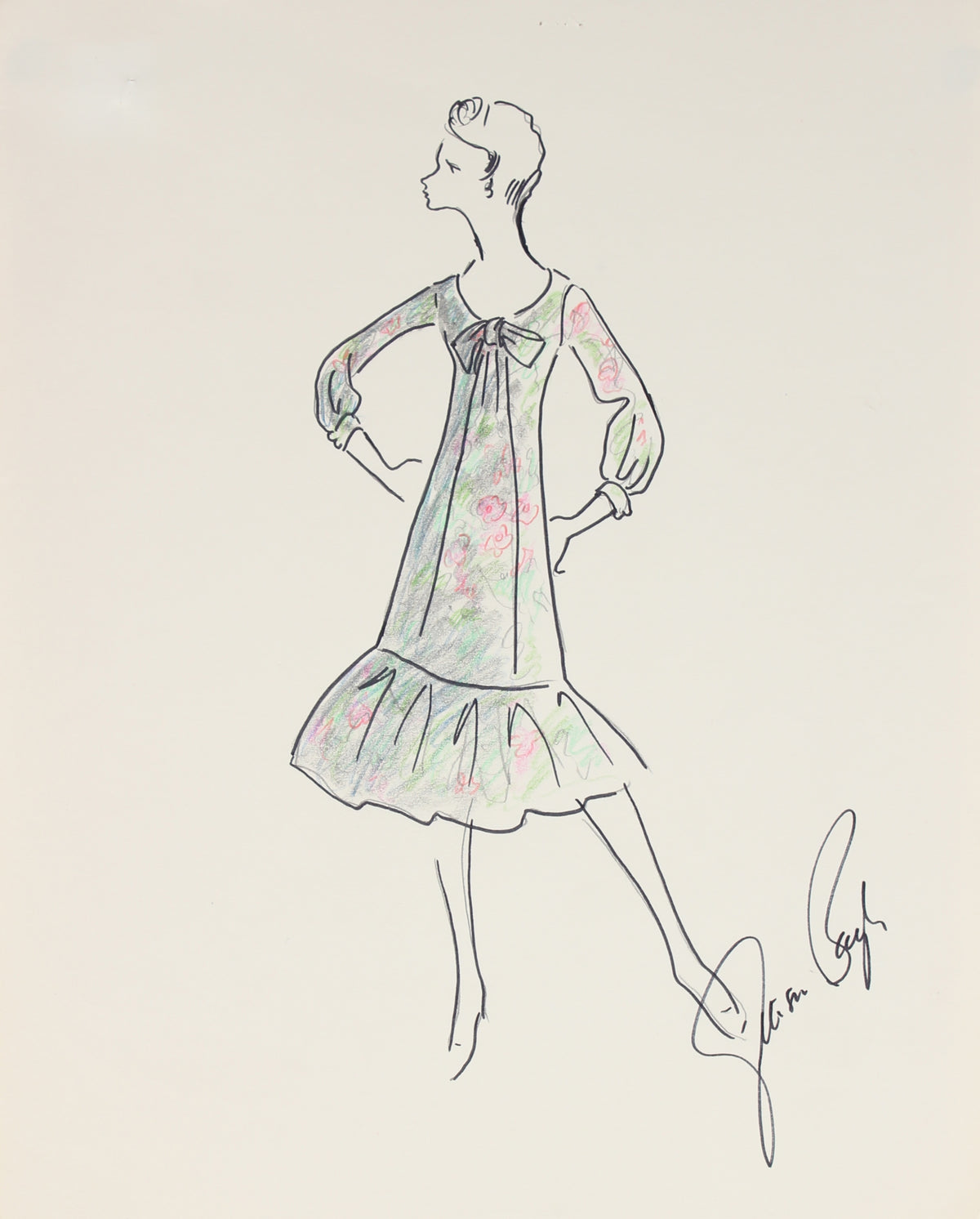 Flowy Dress with a Floral Pattern&lt;br&gt;1950s Fashion Illustration &lt;br&gt;&lt;br&gt;#27252