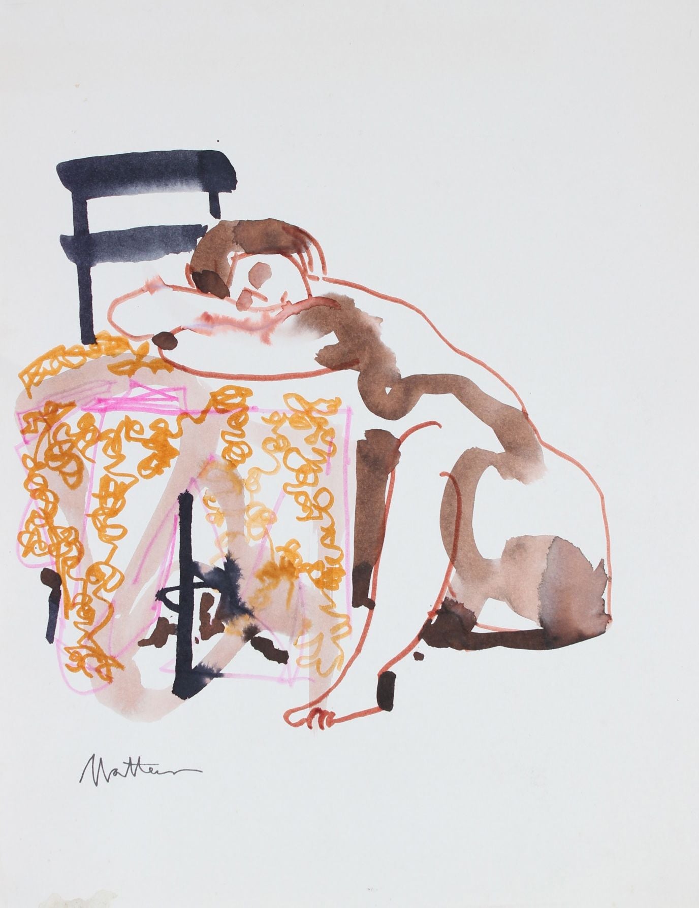 Nude With Chair Study <br>20th Century Watercolor & Ink <br><br>#29251