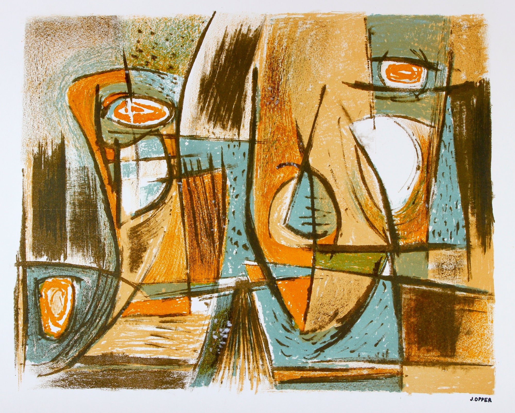 Orange and Blue Modernist Abstract <br>1940-50s Lithograph <br><br>#40773