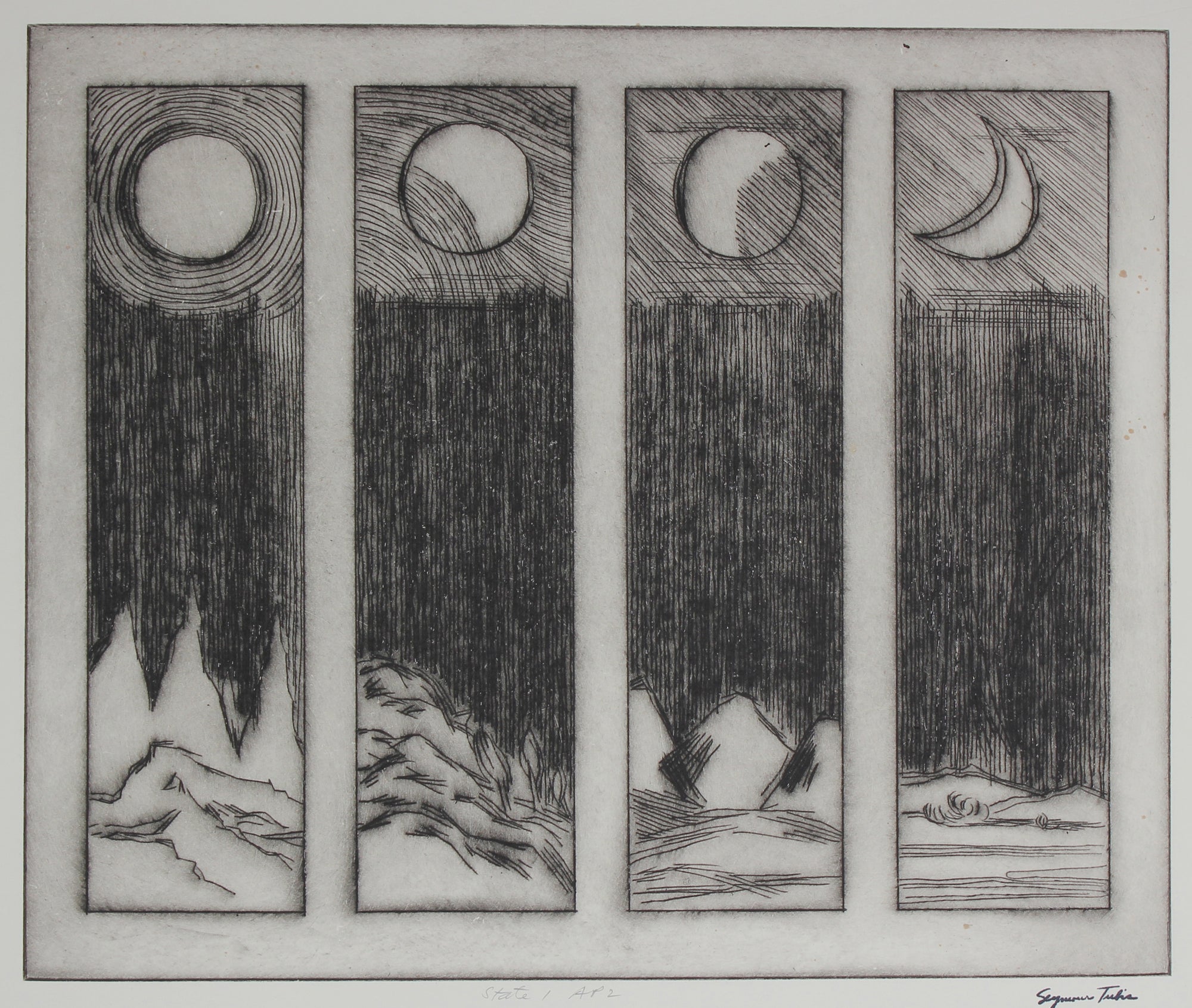 Monochromatic Phases of the Moon <br>Mid Century Etching <br><br>#66972