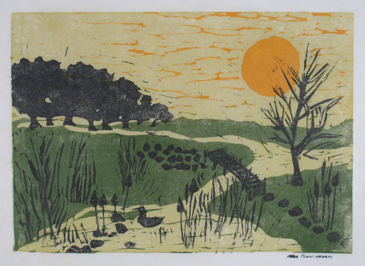 Park Scene With Ducks&lt;br&gt;1960-70s Linoleum Block Print&lt;br&gt;&lt;br&gt;#71351