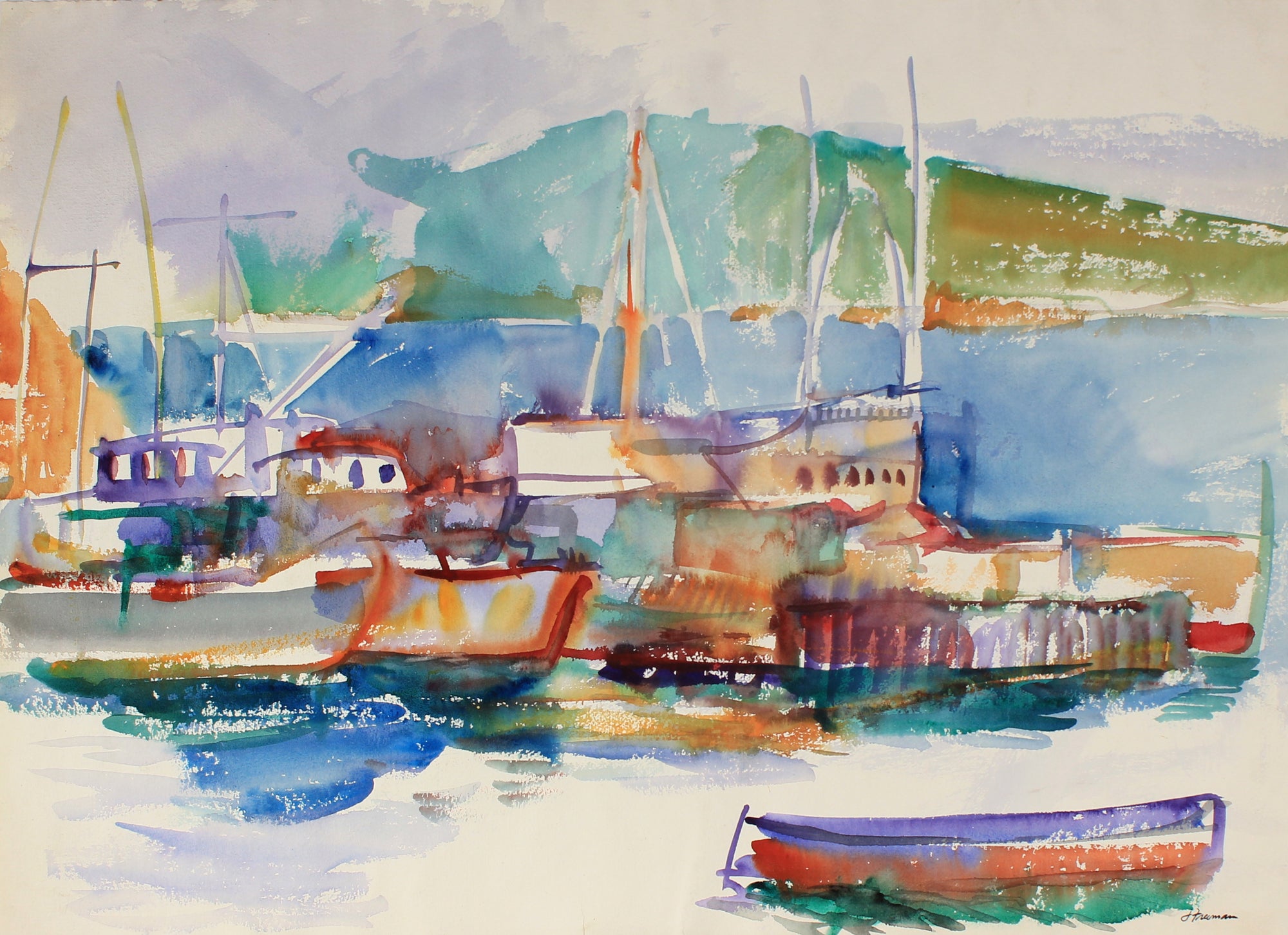 Colorful Harbor Seascape <br>20th Century Watercolor <br><br>#81862