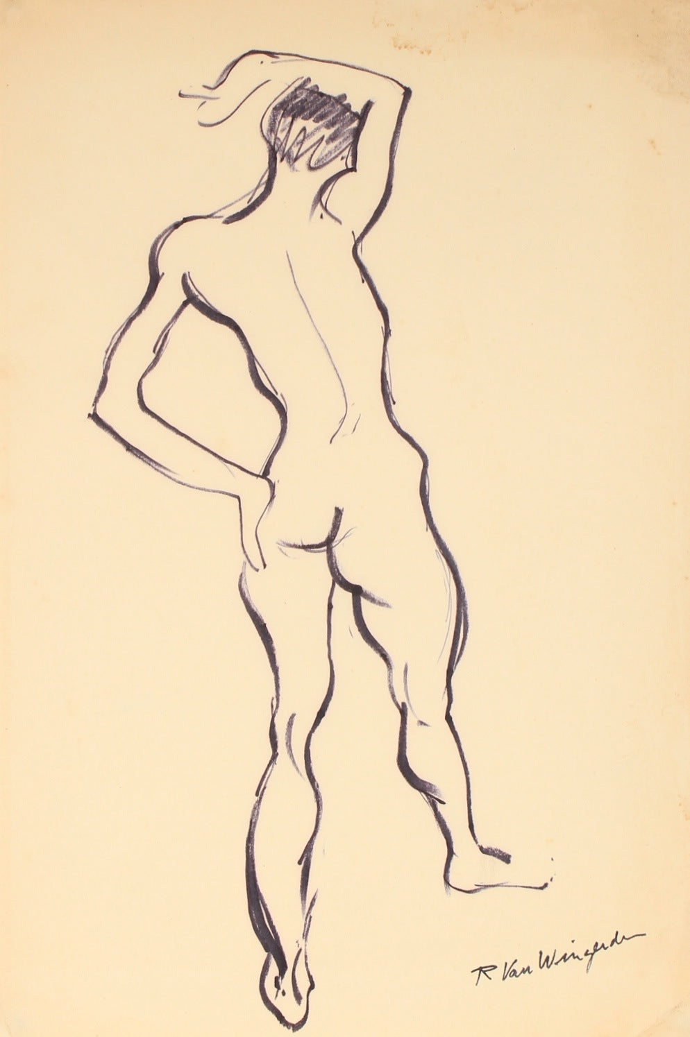 Expressionist Standing Nude <br>1940-60s Ink <br><br>#4593