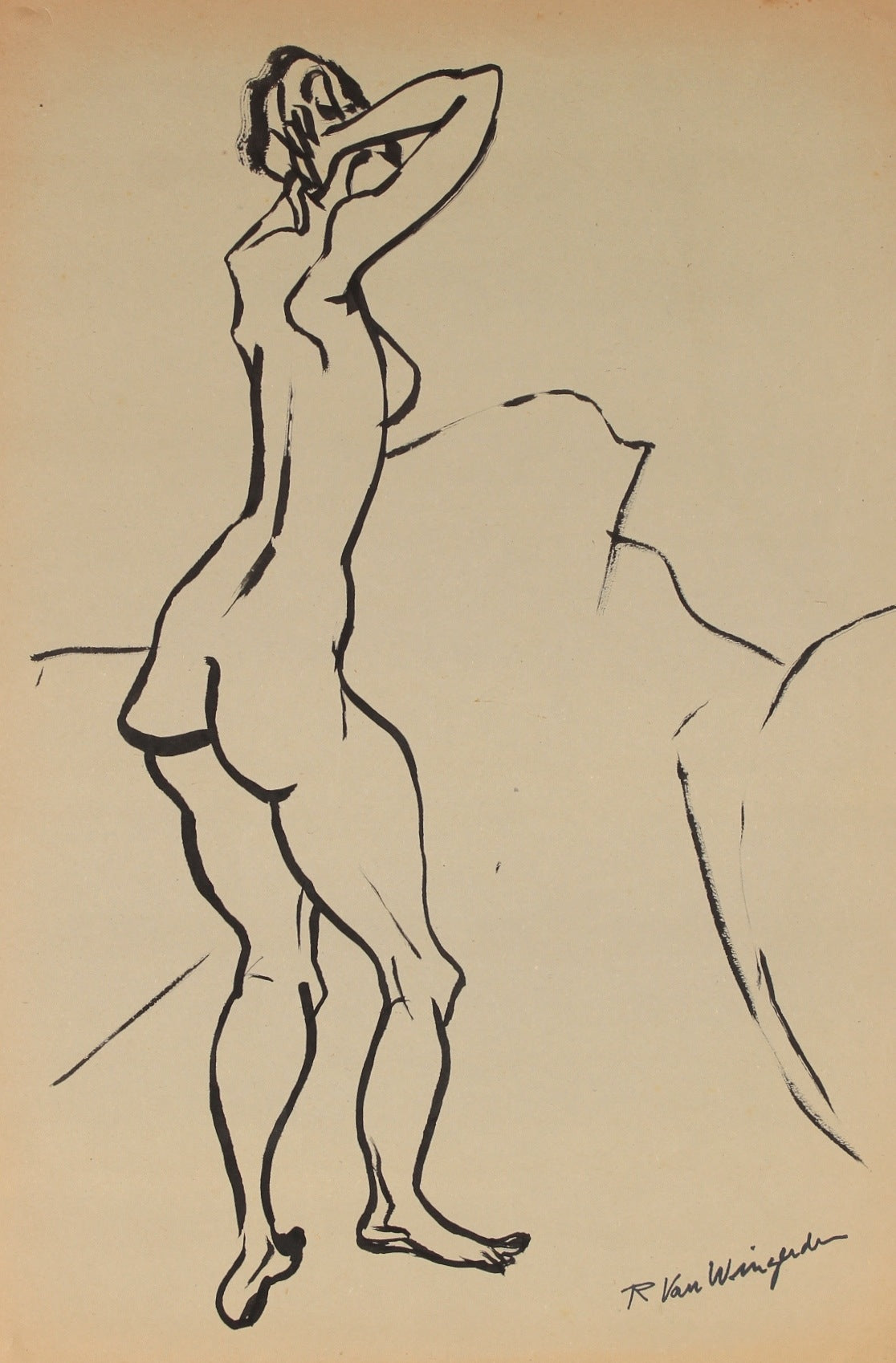 Expressive Standing Nude&lt;br&gt;1940-60s Ink &lt;br&gt;&lt;br&gt;#4463
