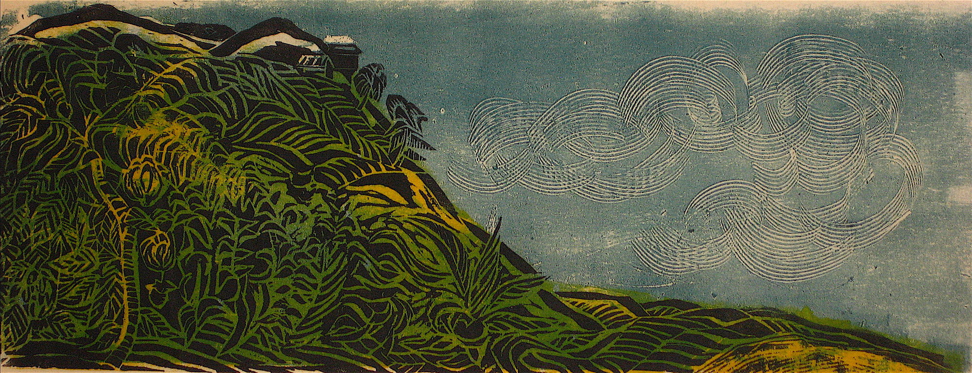 Rolling Hills In Wind<br>1960s Woodcut<br><br>#8591