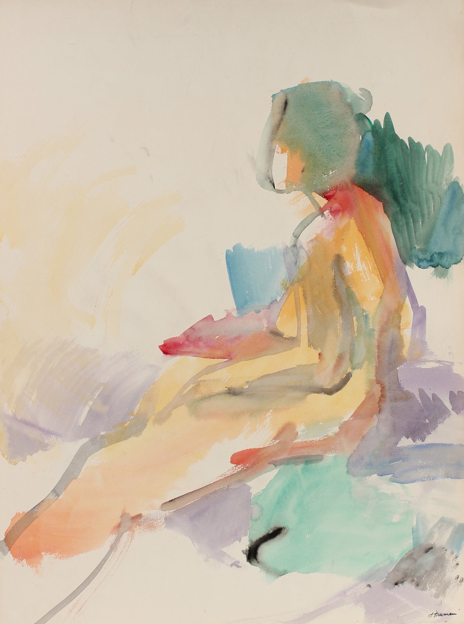 Abstracted Seated Nude in Profile <br>1960s Watercolor <br><br>#88971