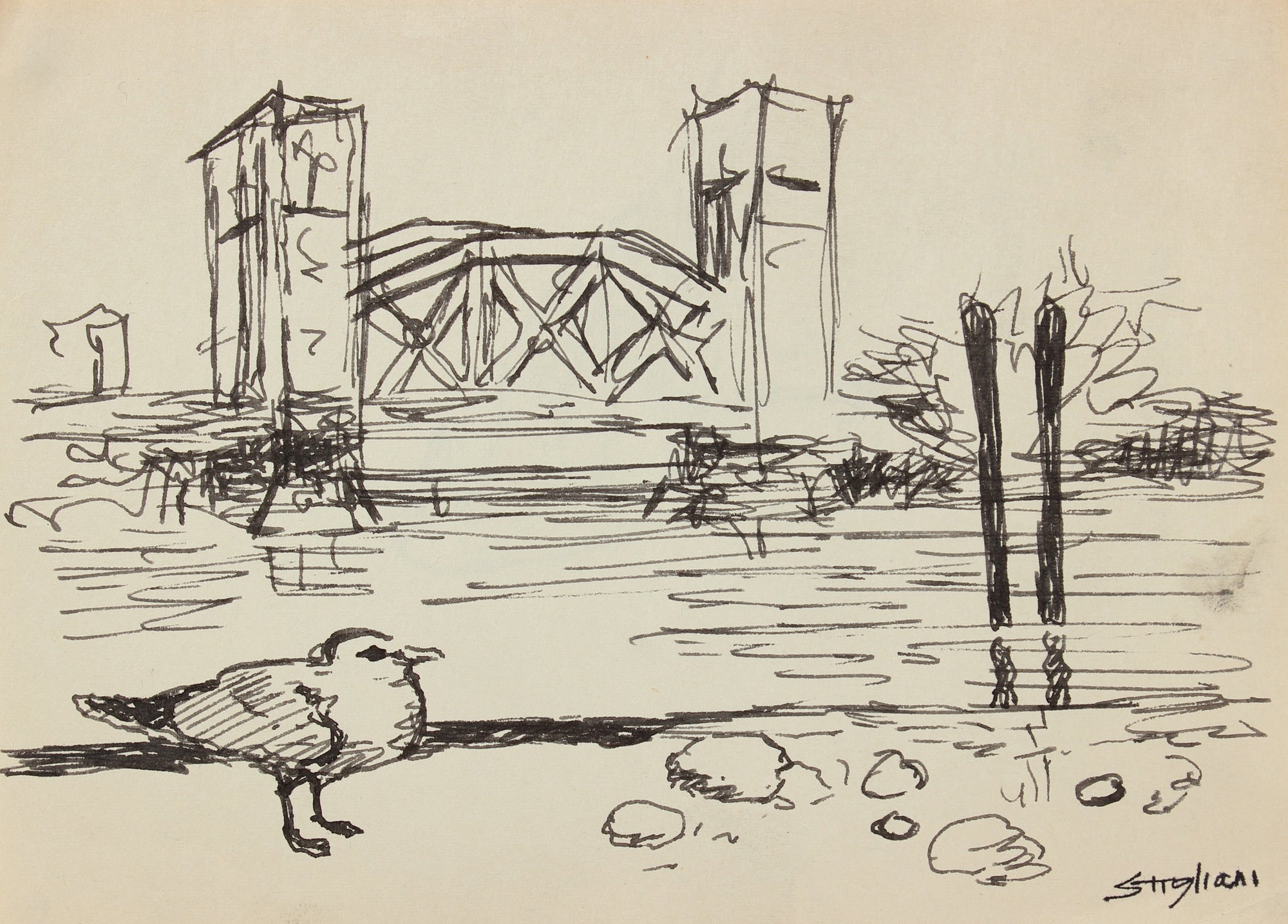 Seascape with Bridge and Seagull <br>Mid-Late 20th Century <br><br>#90491