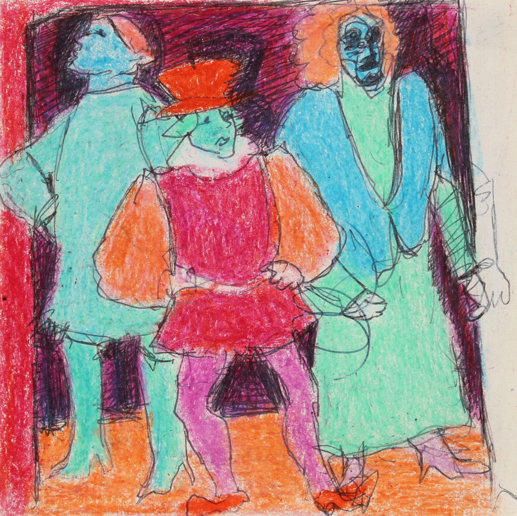 Colorful Figure Scene<br>January 11th 1987 Ink and Wax Crayon on Paper<br><br>#90605