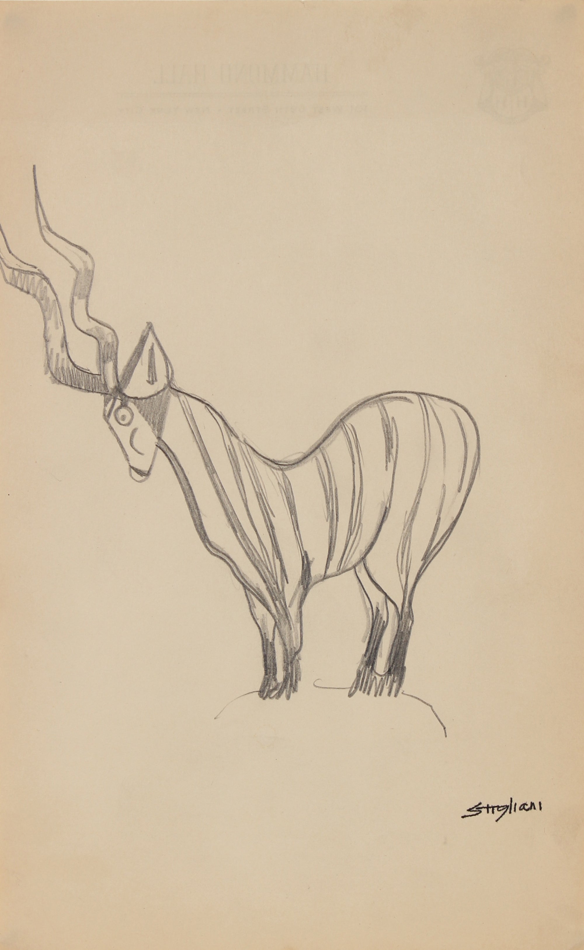 Stylized Antelope Drawing <br>Mid Century Graphite <br><br>#90688