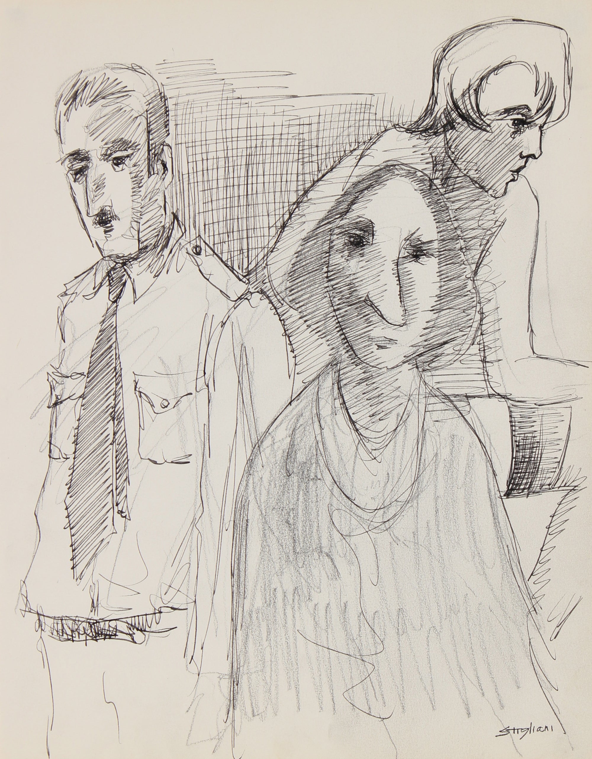 Three Modernist Figures <br>Mid-Late 20th Century Graphite and Ink <br><br>#90705