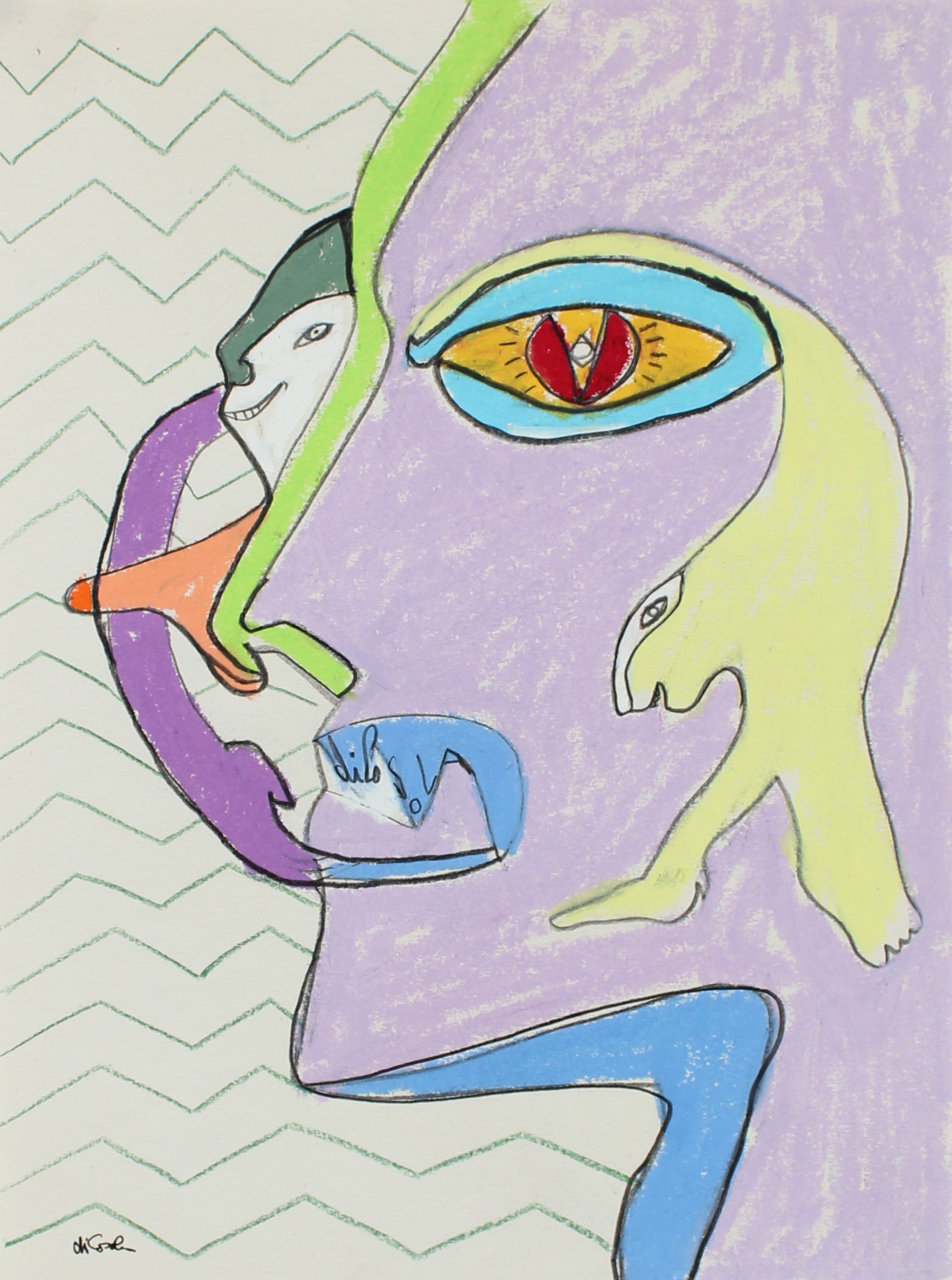 Purple Abstracted Portrait Drawing <br>20th Century Graphite & Pastel <br><br>#94074