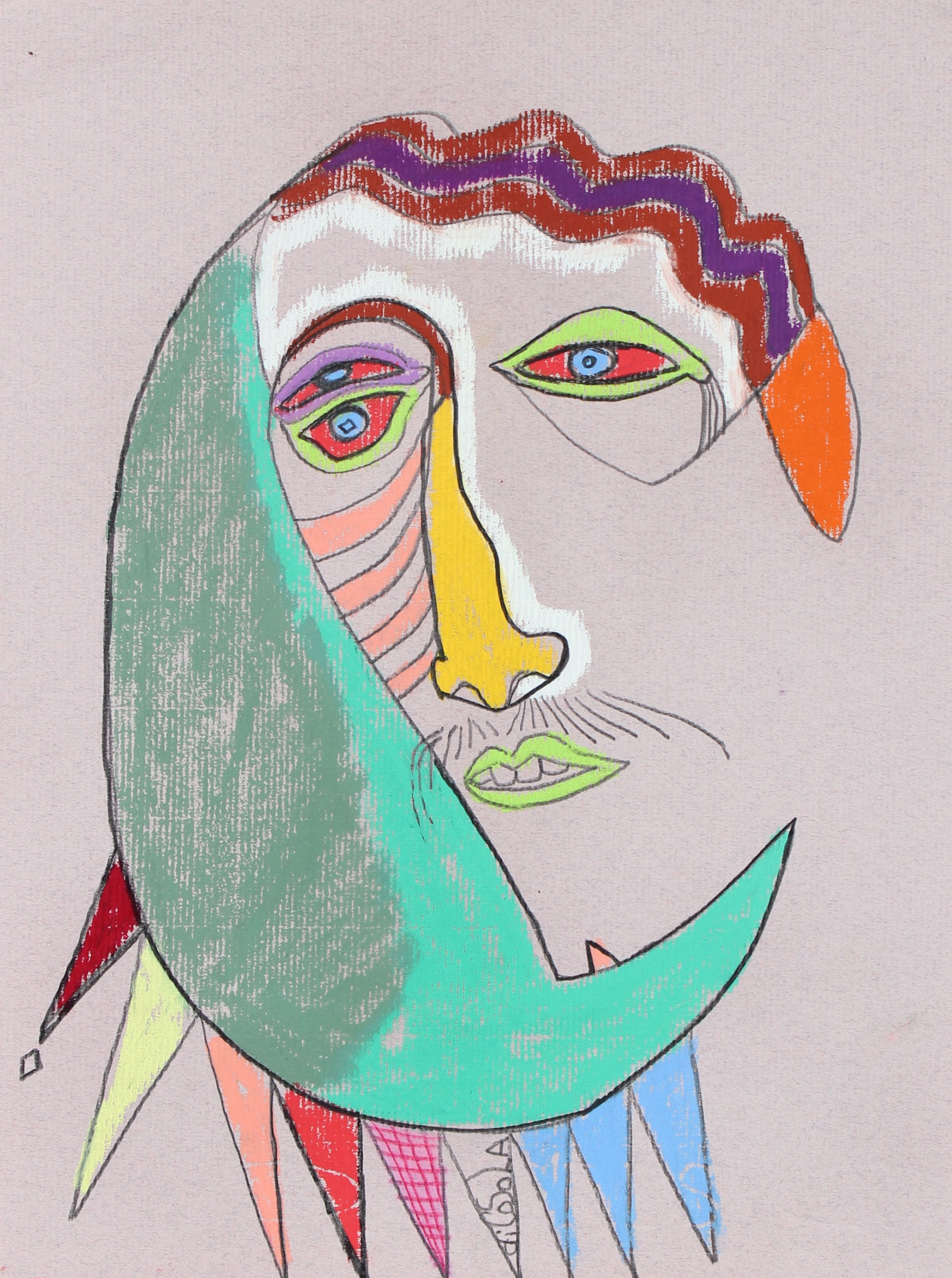 Colorful Surreal Abstract Face <br>20th Century Pastel & Graphite <br><br>#94143