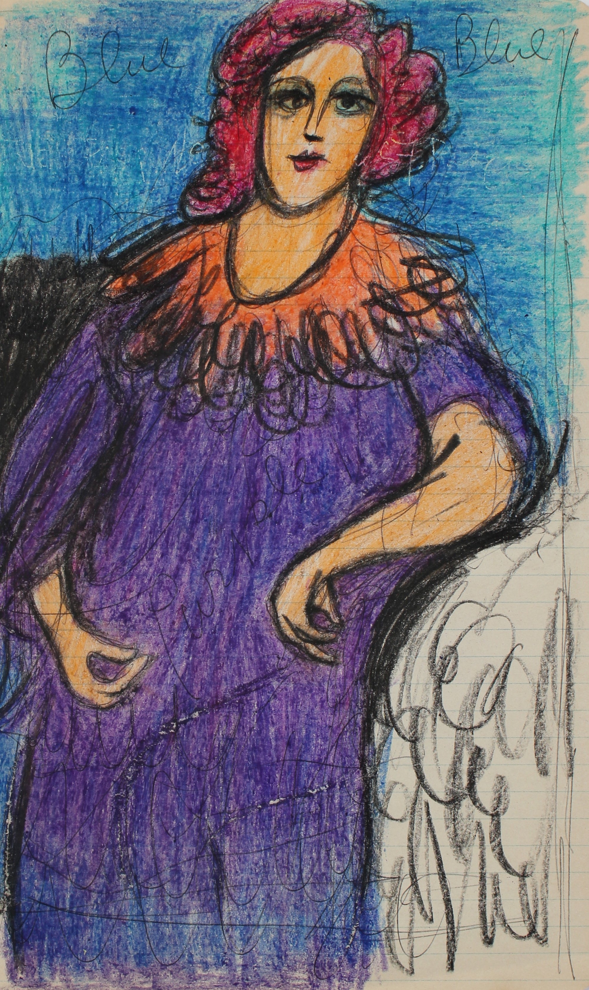 Colorful Portrait of a Woman<br>Early-Mid 20th Century Ink and Wax Crayon on Paper<br><br>#95085