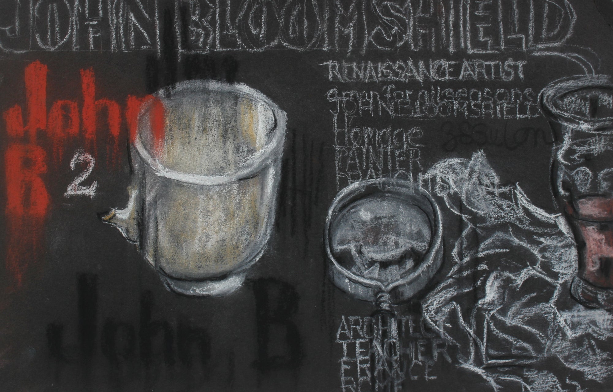 Still Life with Text <br>Mid-Late 20th Century Charcoal and Pastel <br><br>#95855