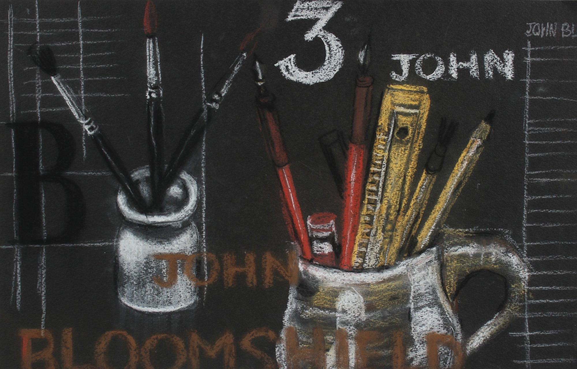 Still Life with Text <br>Mid-Late 20th Century Charcoal and Pastel <br><br>#95856