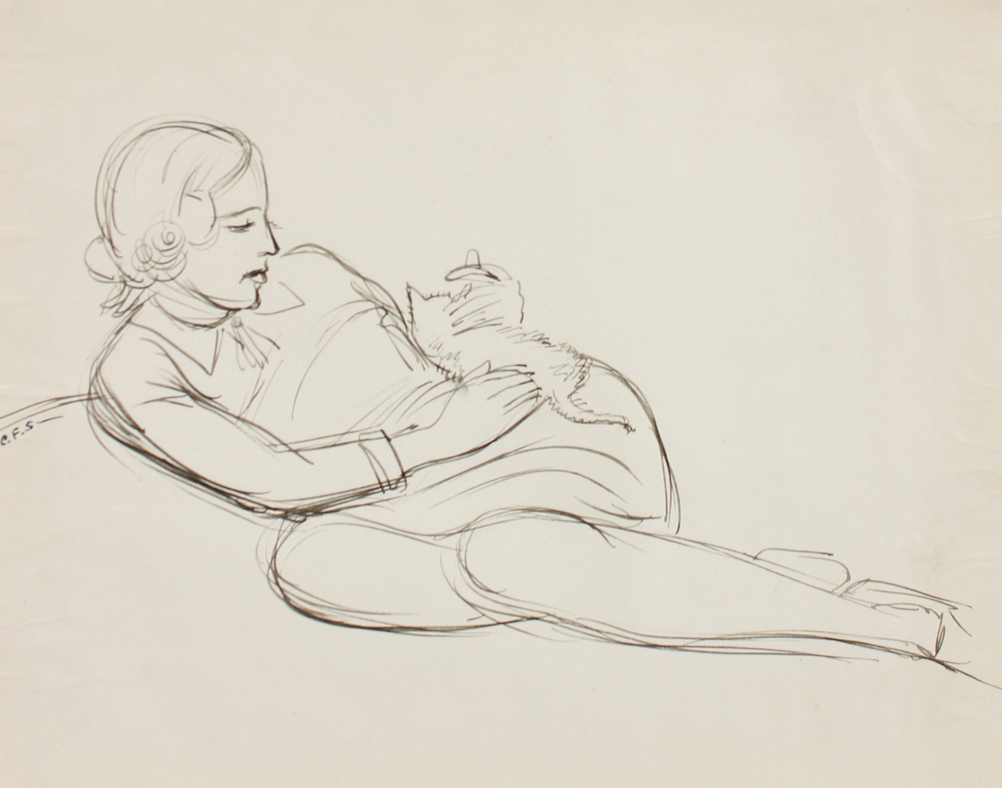 Reclining Figure with Cat<br>1943 Ink<br><br>#0042