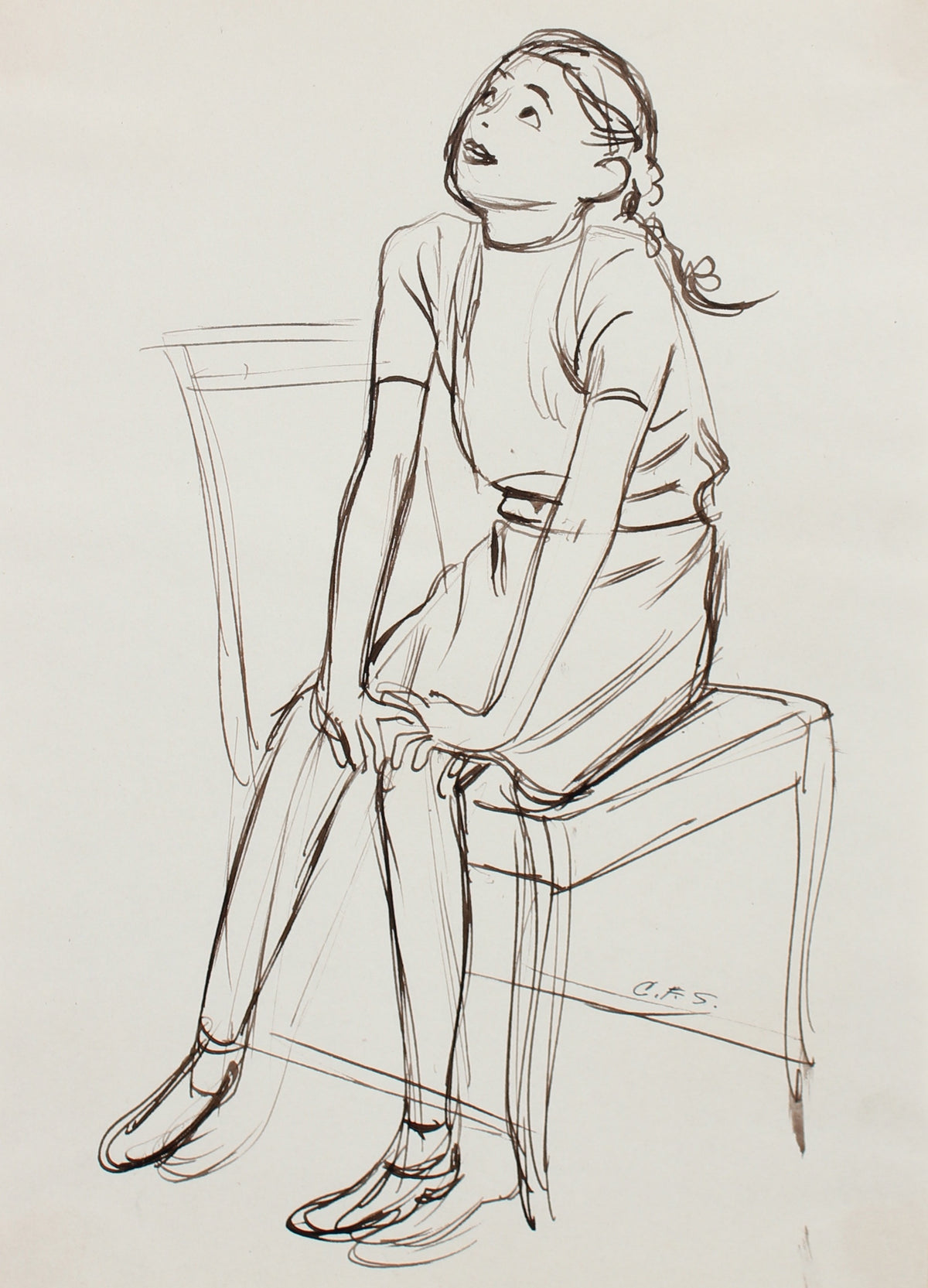 Seated Playful Young Girl &lt;br&gt;1930-40s Ink &lt;br&gt;&lt;br&gt;#0012