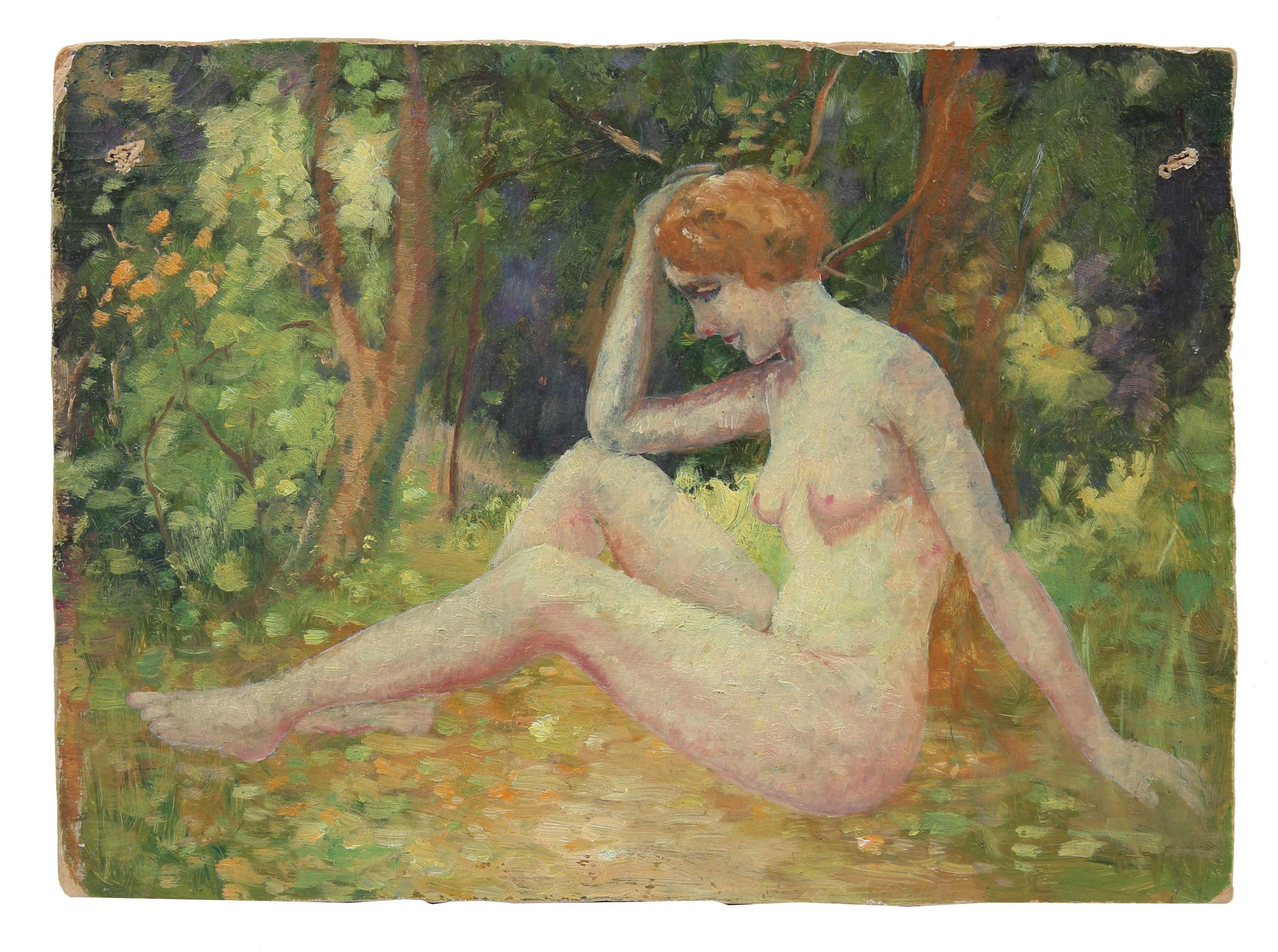 Impressionist Nude in the Forest<br>1900-30s Oil<br><br>#A3535