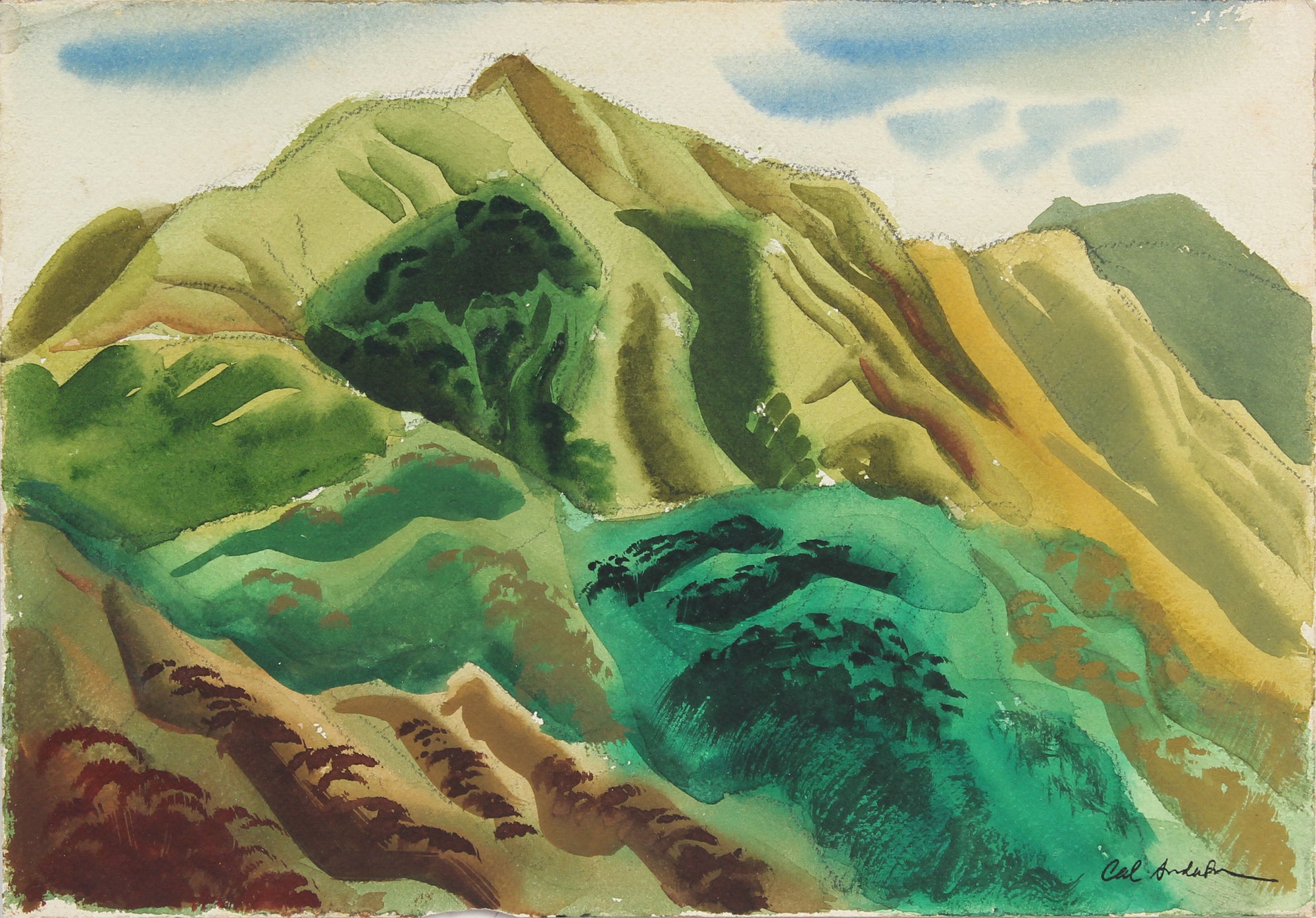 Green Mountain Landscape <br>1944 Watercolor <br><br>#A5412
