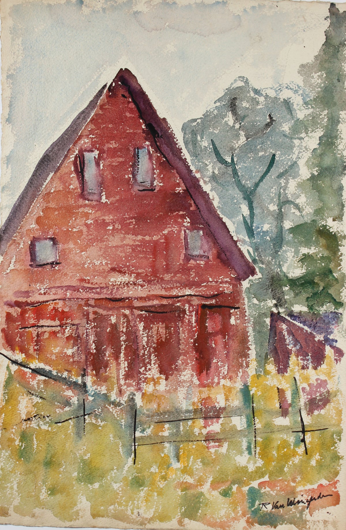 Expressionist Sausalito Barn Scene&lt;br&gt;1940-50s Watercolor&lt;br&gt;&lt;br&gt;#4676