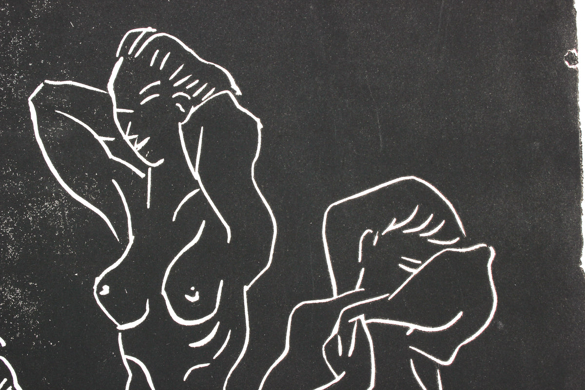 Three Female Nudes <br>Mid Century Linoleum Block Print <br><br>#5267
